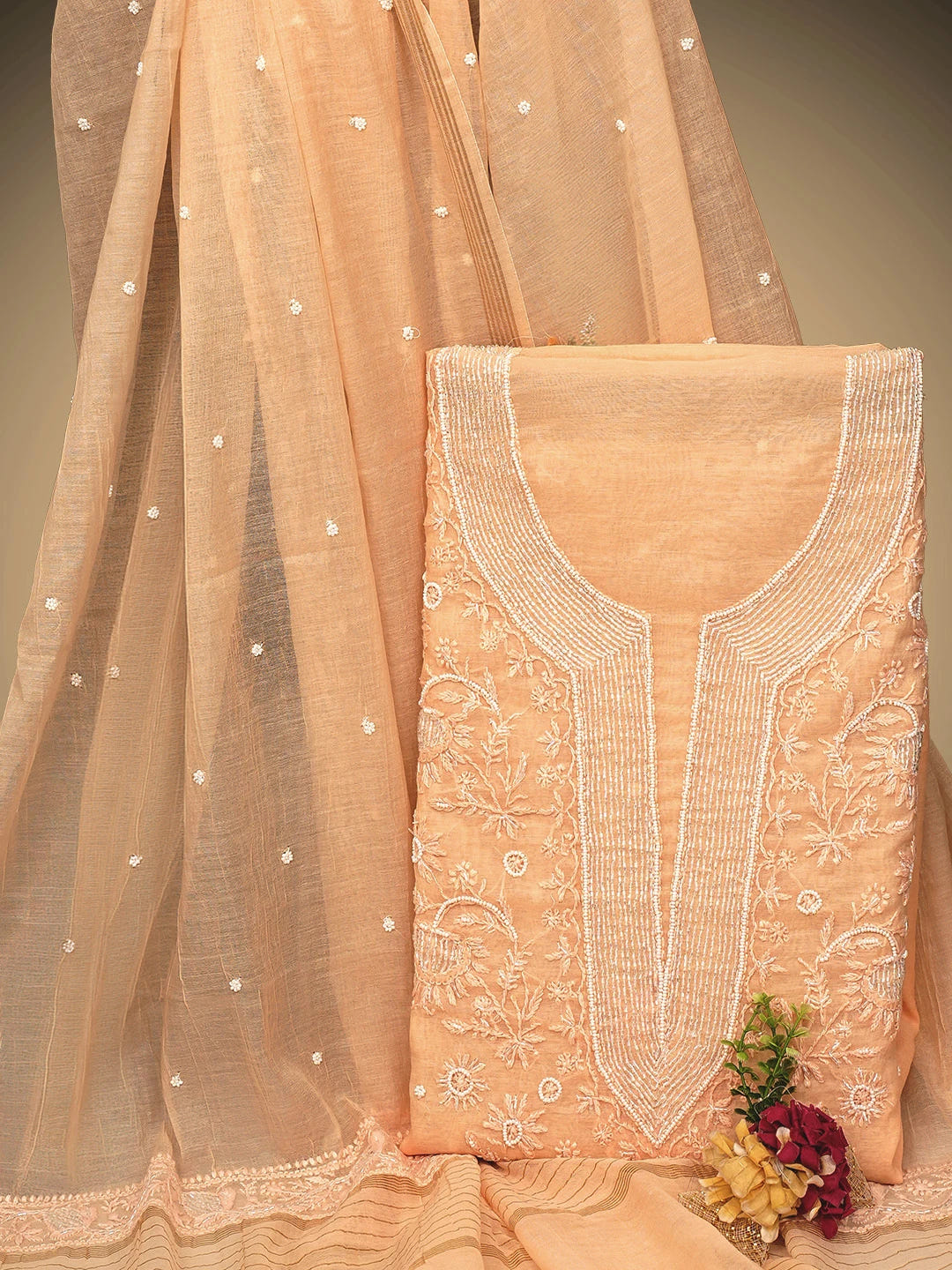 Ada Hand Embroidered Creamy Peach Chanderi Lucknowi Chikankari Unstitched Kurta Dupatta Set With Pearl Work 01A972764