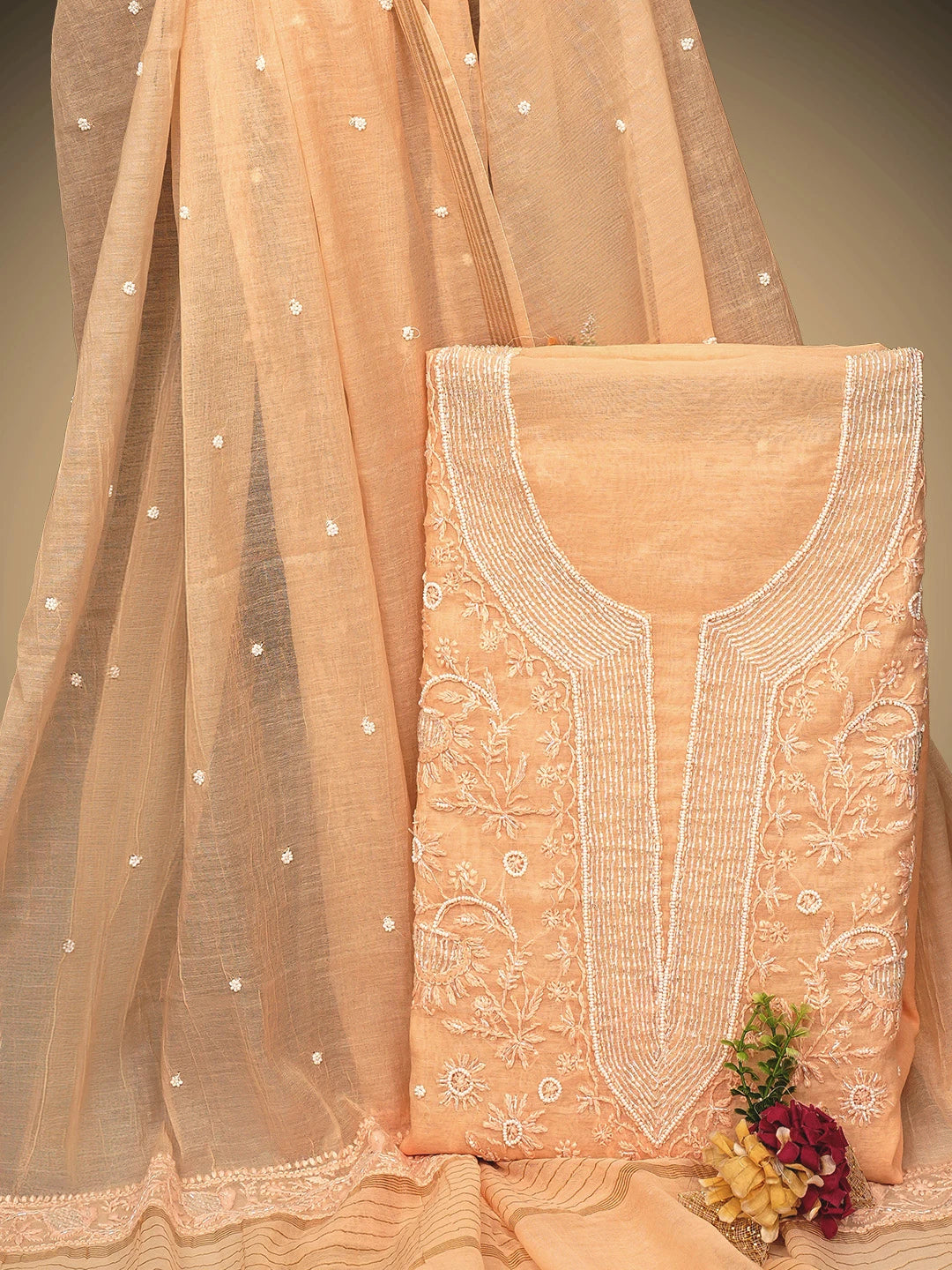 Ada Hand Embroidered Creamy Peach Chanderi Lucknowi Chikankari Unstitched Kurta Dupatta Set With Pearl Work 01A972764