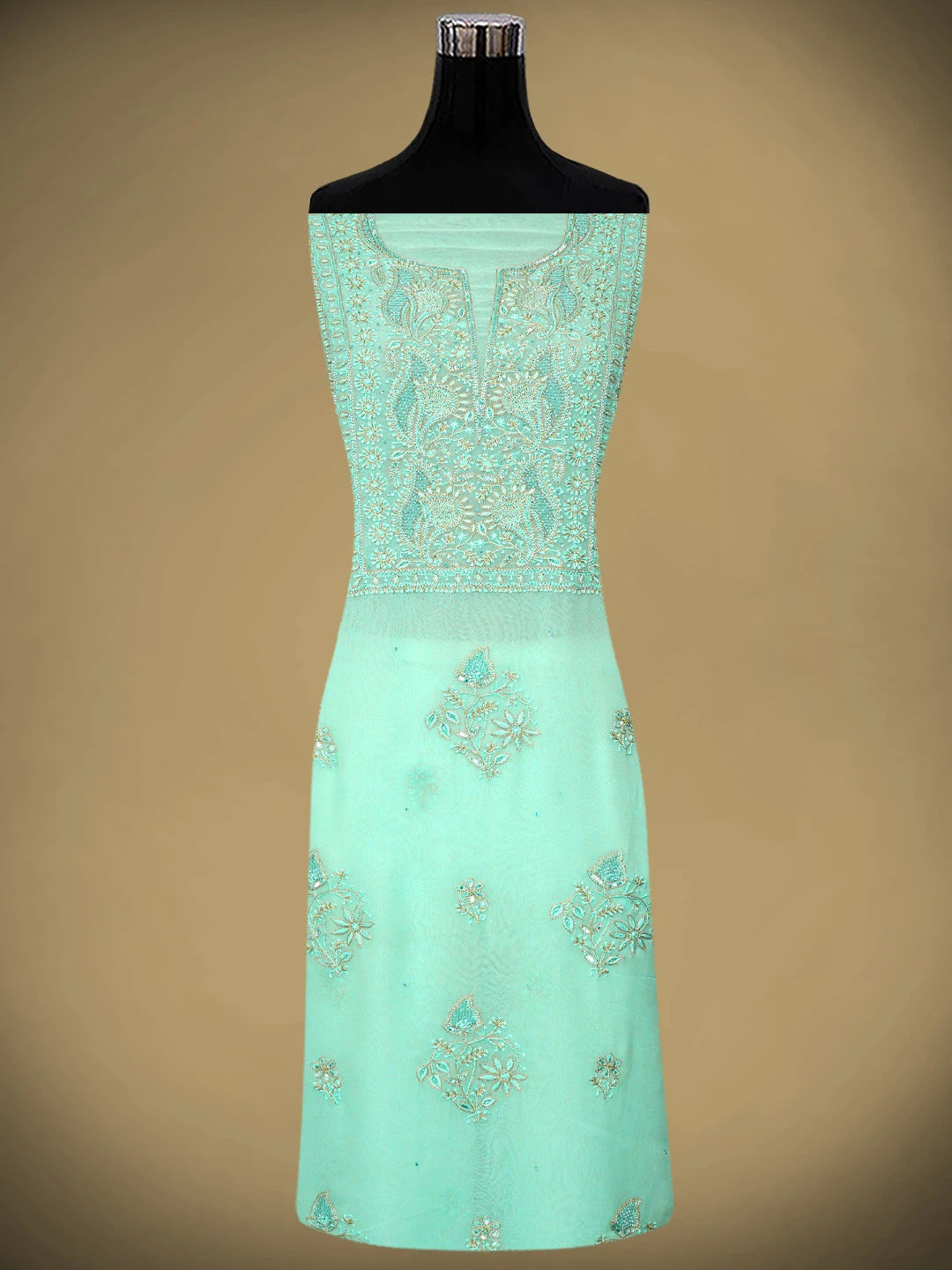 Ada Hand Embroidered Pista Green Viscose Georgette Lucknowi Chikankari Unstitched Kurta Dupatta Set With Zari Work 01A810401