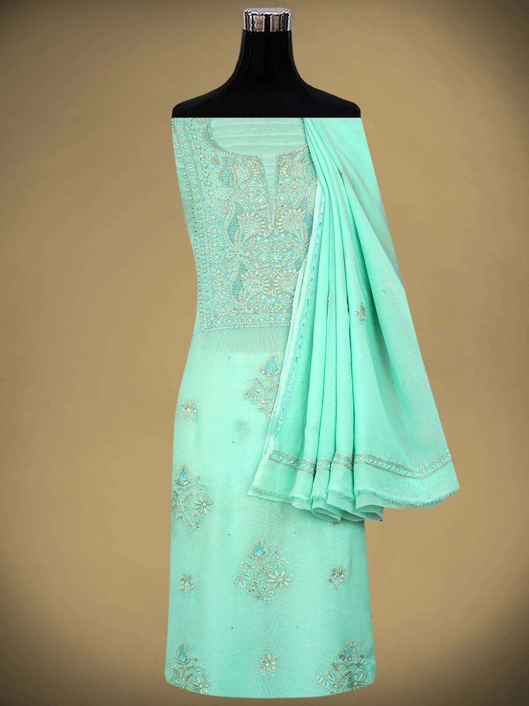 Ada Hand Embroidered Pista Green Viscose Georgette Lucknowi Chikankari Unstitched Kurta Dupatta Set With Zari Work 01A810401