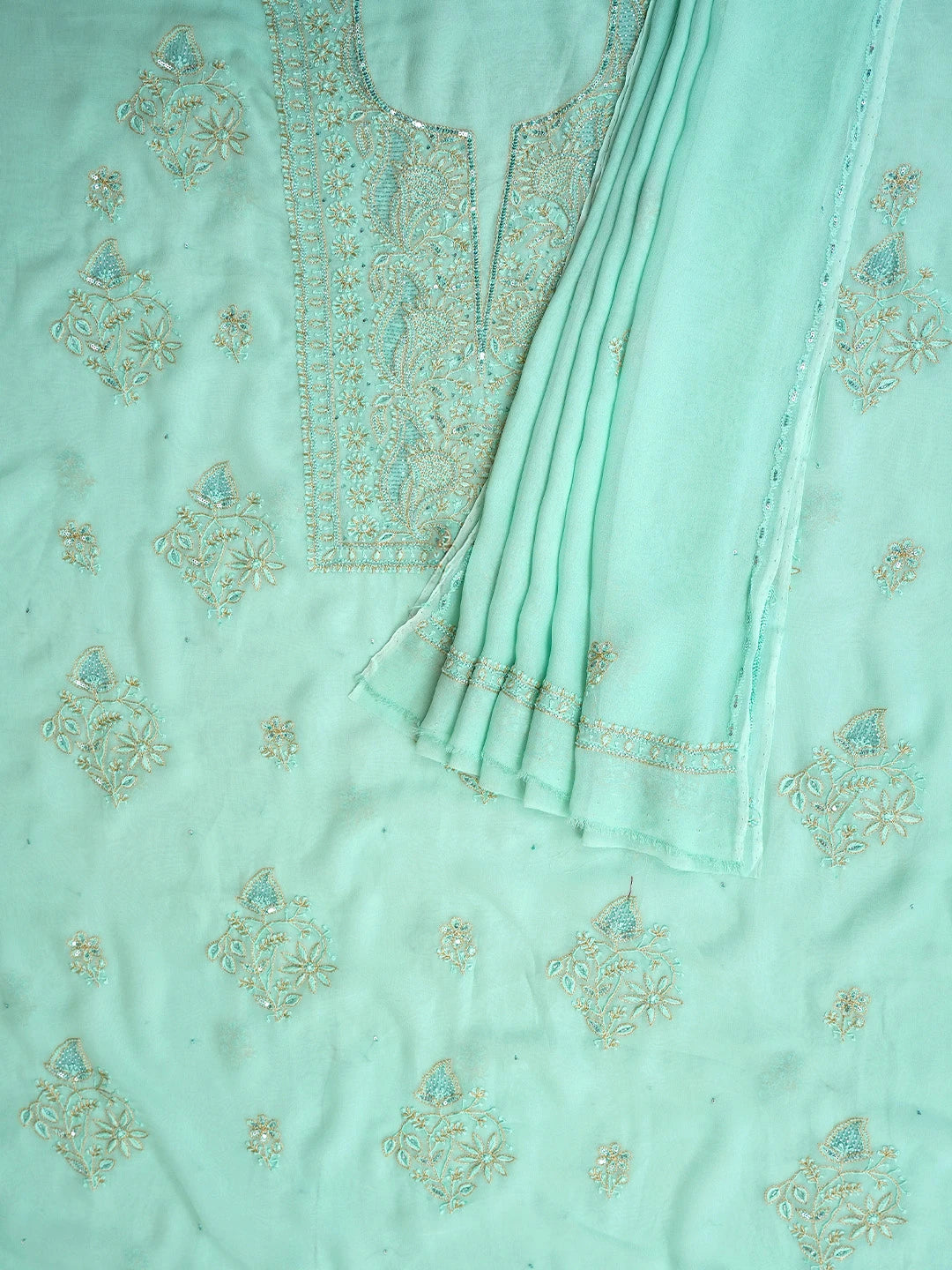 Ada Hand Embroidered Pista Green Viscose Georgette Lucknowi Chikankari Unstitched Kurta Dupatta Set With Zari Work 01A810401