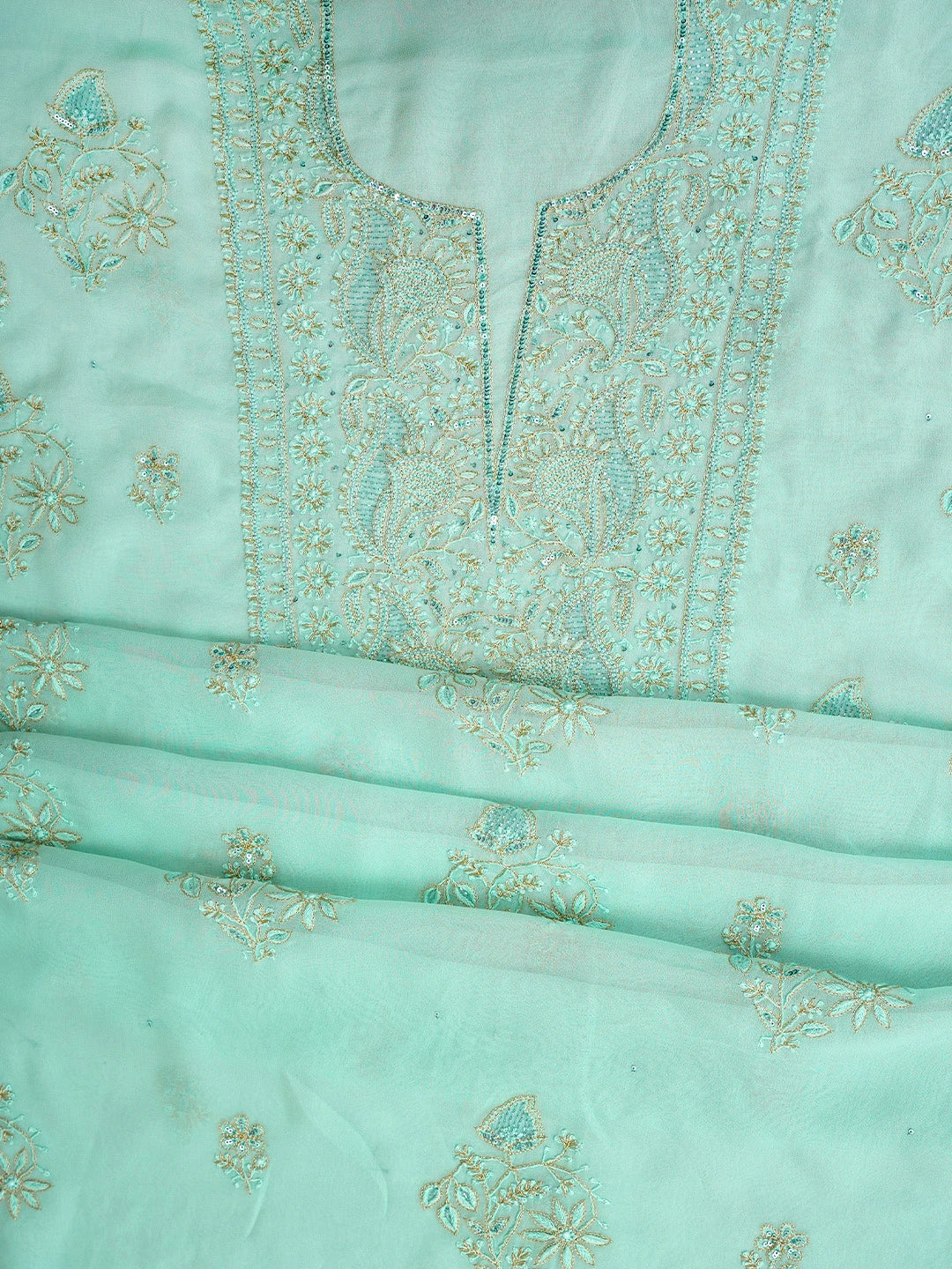 Ada Hand Embroidered Pista Green Viscose Georgette Lucknowi Chikankari Unstitched Kurta Dupatta Set With Zari Work 01A810401