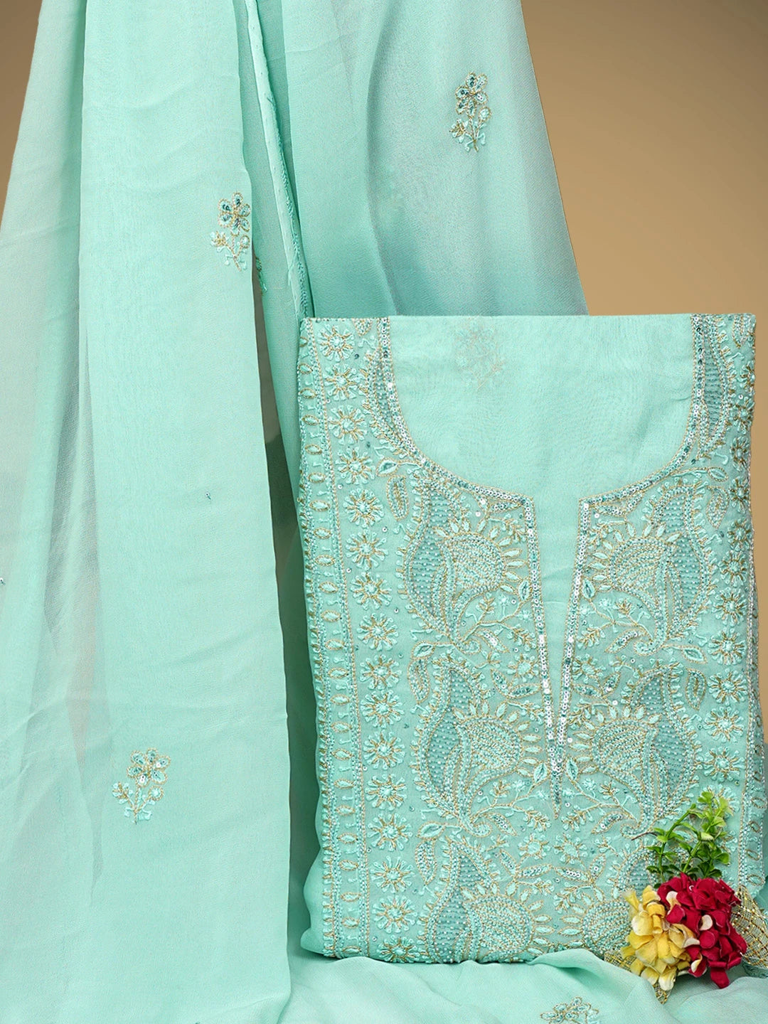 Ada Hand Embroidered Pista Green Viscose Georgette Lucknowi Chikankari Unstitched Kurta Dupatta Set With Zari Work 01A810401