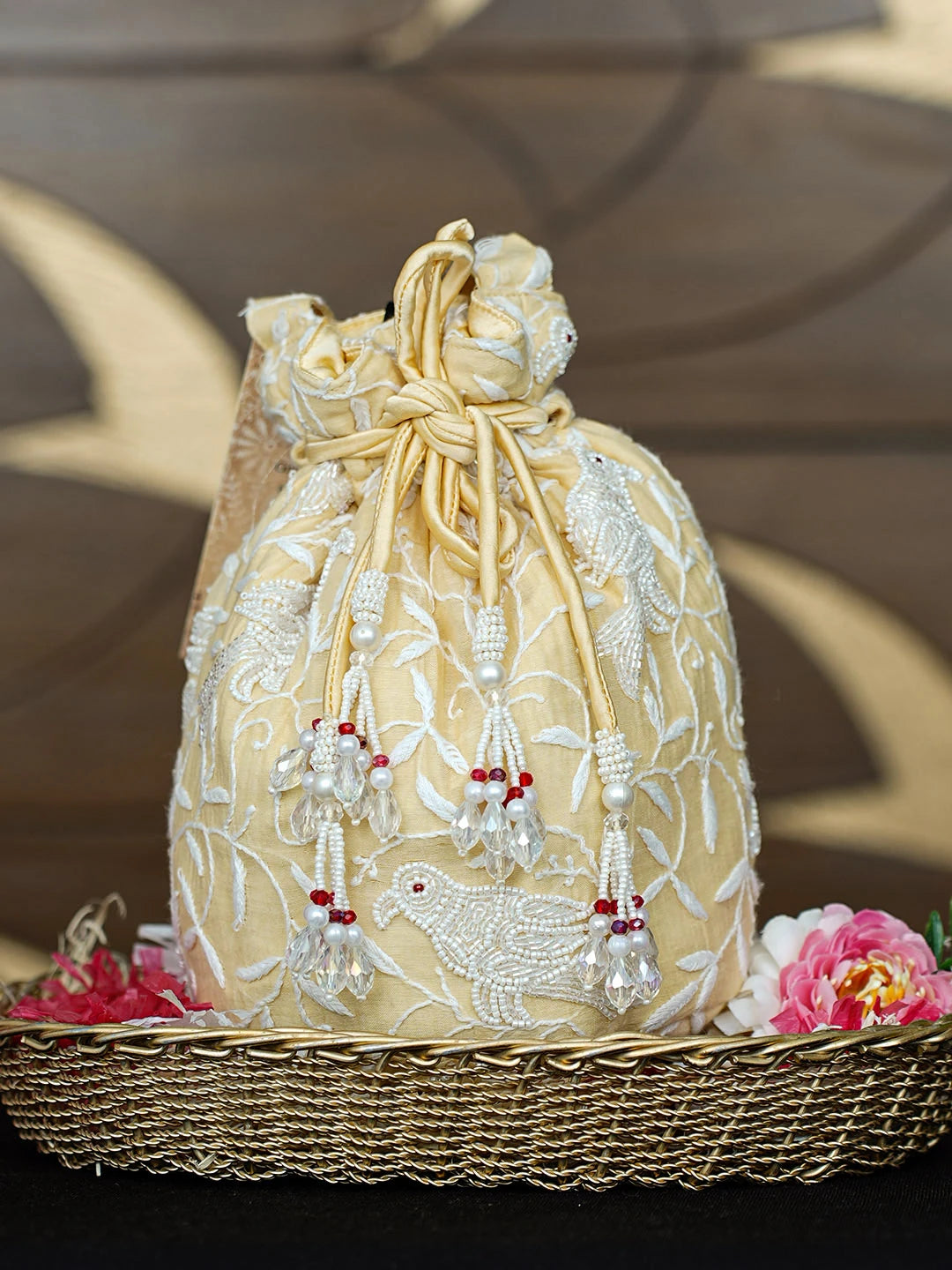 Ada Hand Embroidered Beige Chanderi Lucknowi Chikankari Potli Bag With Cutdana Work 01A963471