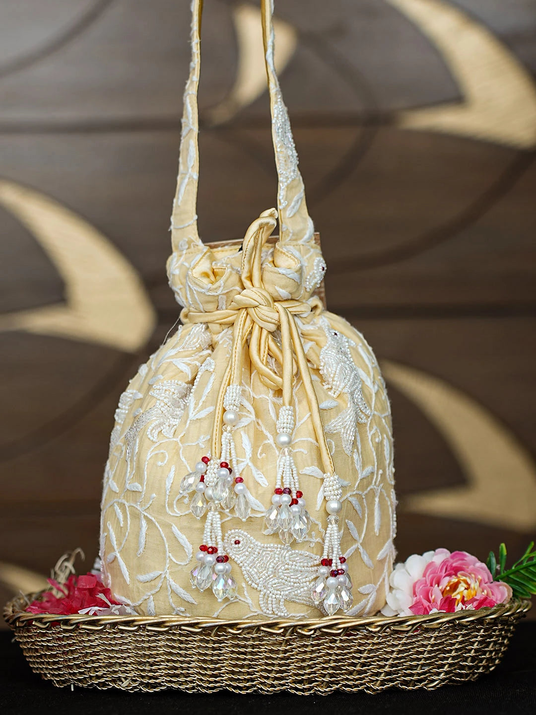 Ada Hand Embroidered Beige Chanderi Lucknowi Chikankari Potli Bag With Cutdana Work 01A963471