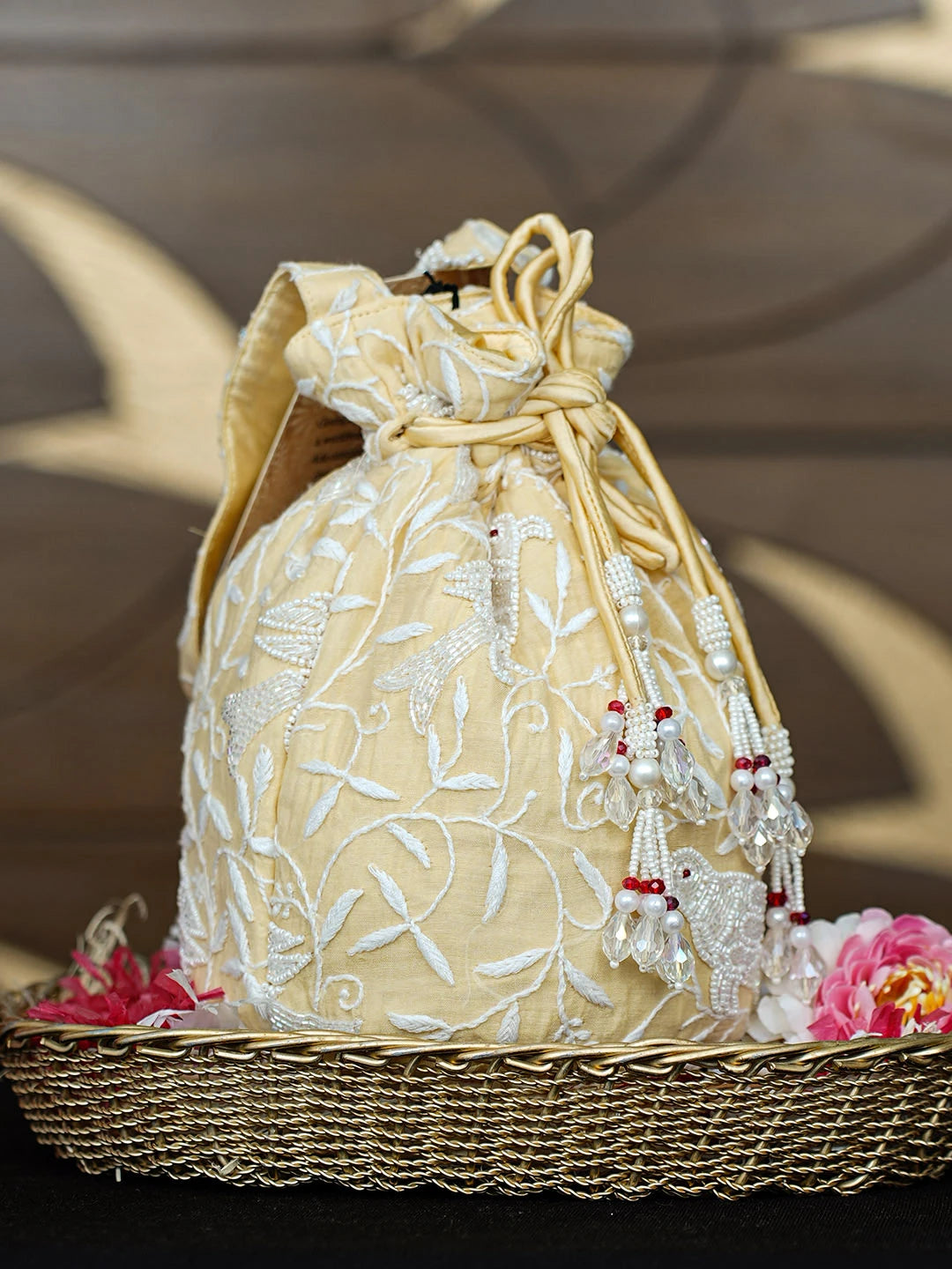 Ada Hand Embroidered Beige Chanderi Lucknowi Chikankari Potli Bag With Cutdana Work 01A963471