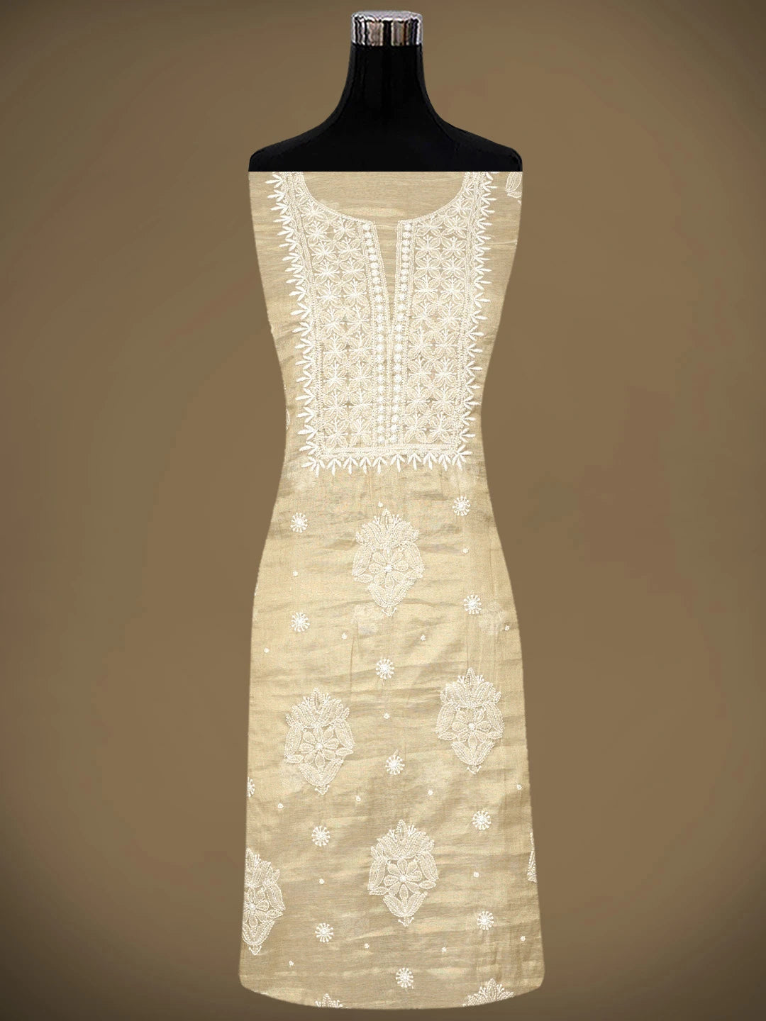 Ada Hand Embroidered Fawn Tissue Lucknowi Chikankari Unstitched Kurta Dupatta Set With Cutdana Work 01A972664