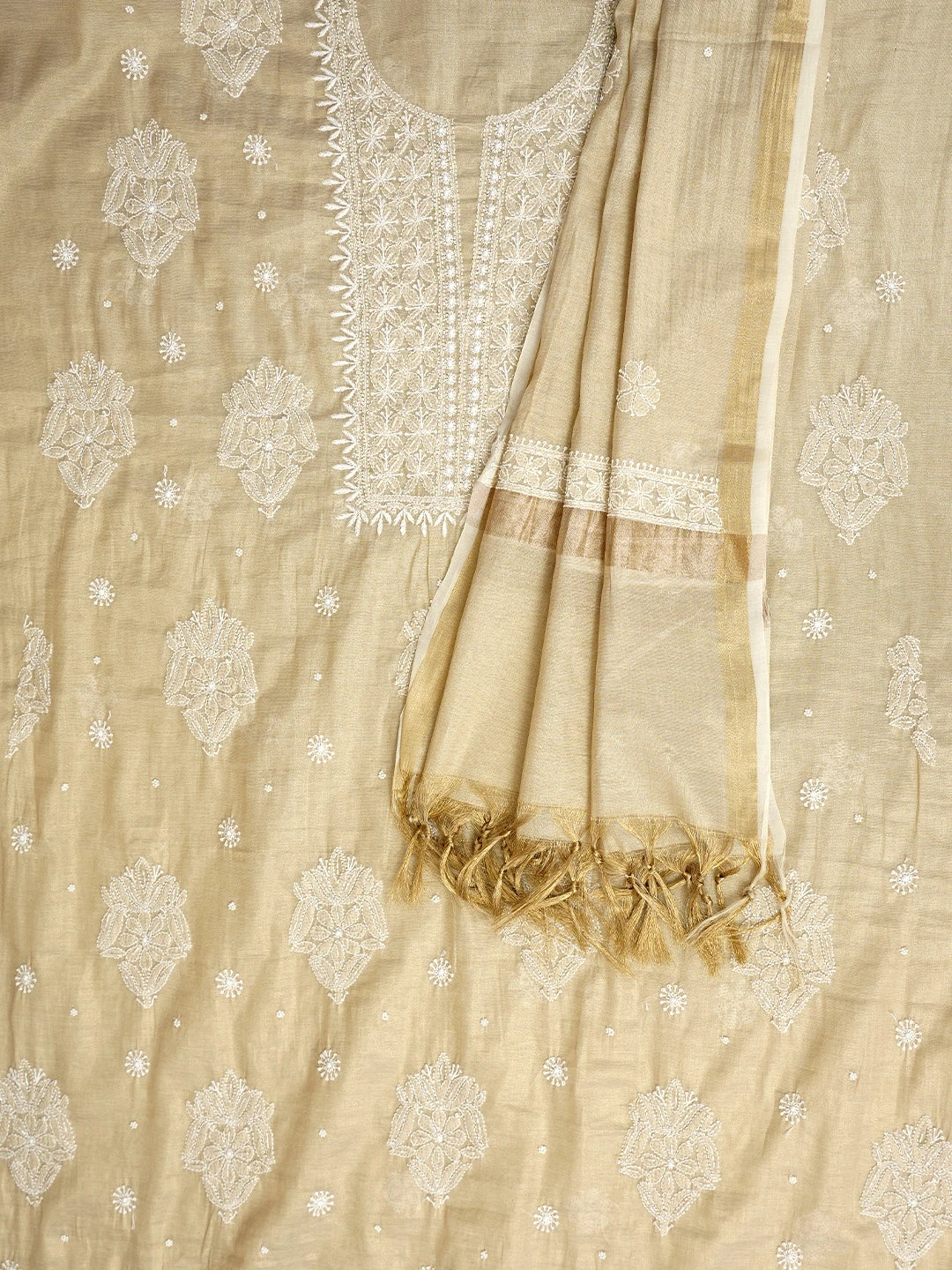 Ada Hand Embroidered Fawn Tissue Lucknowi Chikankari Unstitched Kurta Dupatta Set With Cutdana Work 01A972664