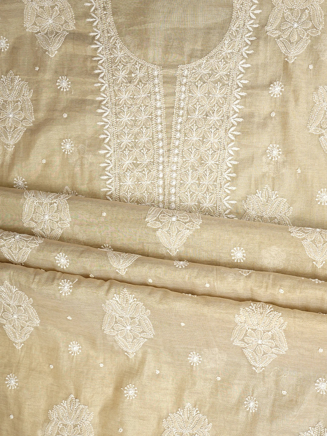 Ada Hand Embroidered Fawn Tissue Lucknowi Chikankari Unstitched Kurta Dupatta Set With Cutdana Work 01A972664