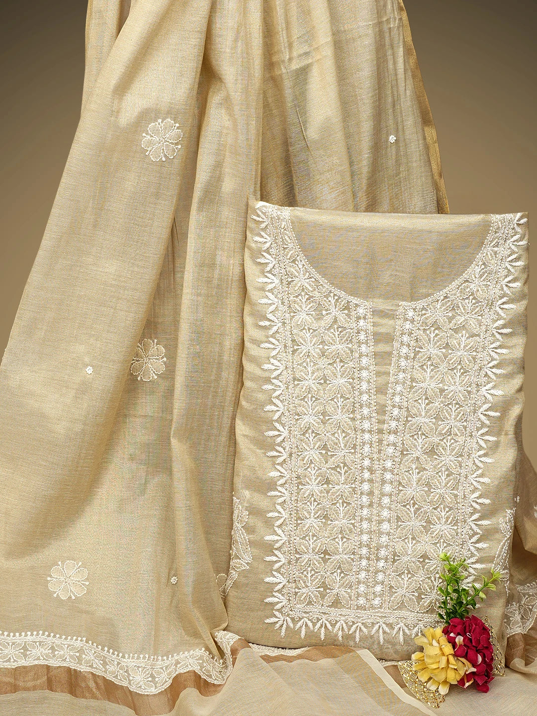 Ada Hand Embroidered Fawn Tissue Lucknowi Chikankari Unstitched Kurta Dupatta Set With Cutdana Work 01A972664