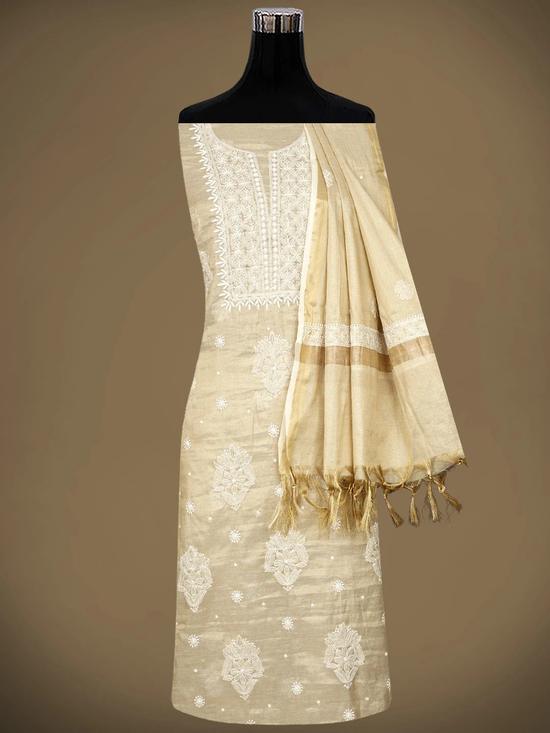 Ada Hand Embroidered Fawn Tissue Lucknowi Chikankari Unstitched Kurta Dupatta Set With Cutdana Work 01A972664