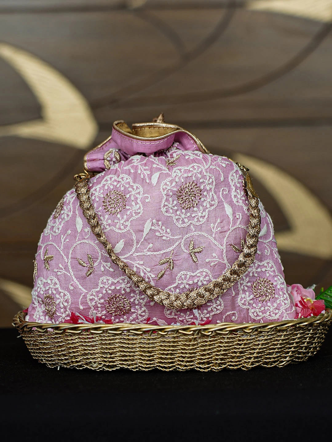 Ada Hand Embroidered Pink Silk Lucknowi Chikankari Potli Bag With Zari Work 01A784301