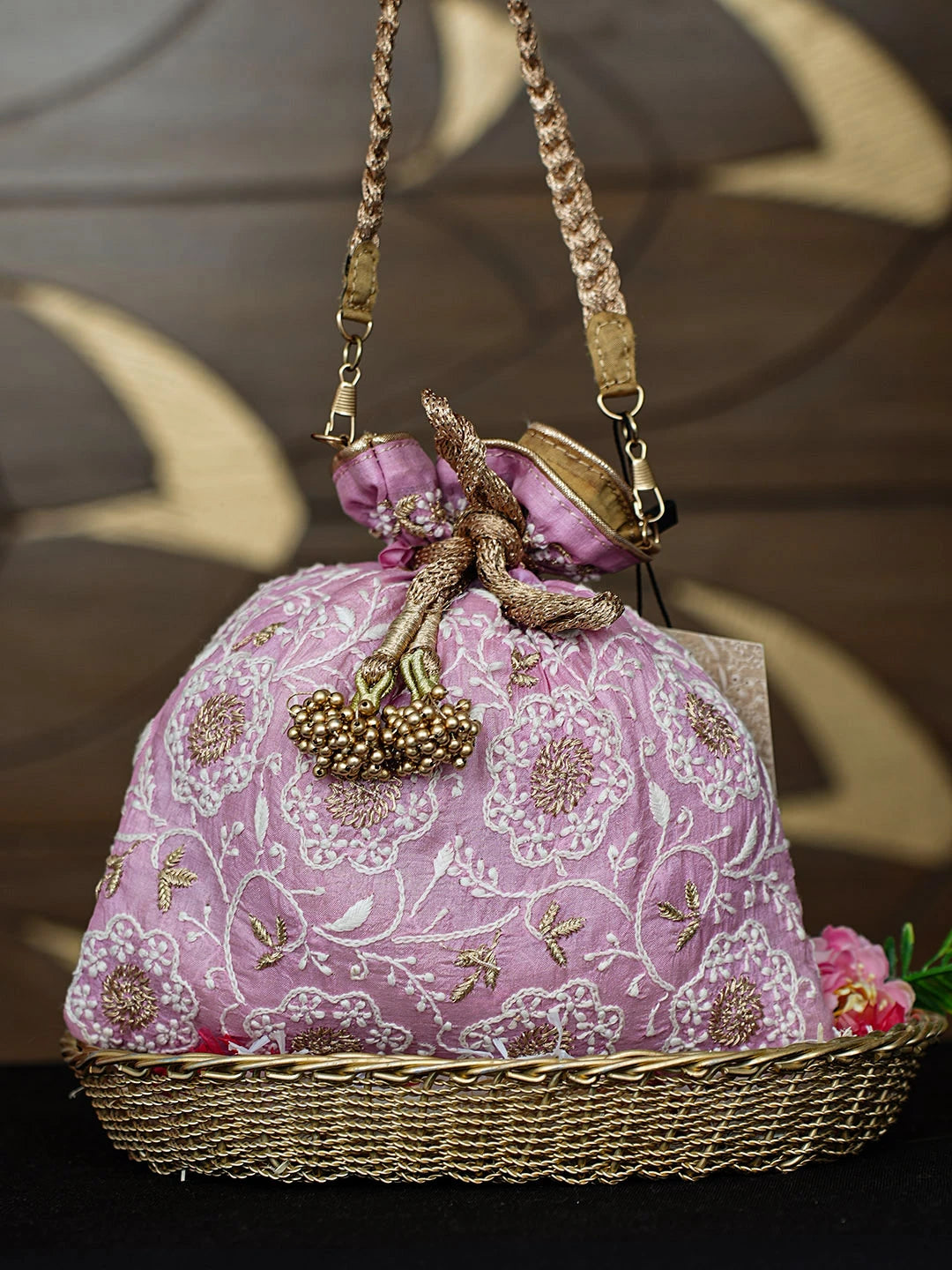 Ada Hand Embroidered Pink Silk Lucknowi Chikankari Potli Bag With Zari Work 01A784301
