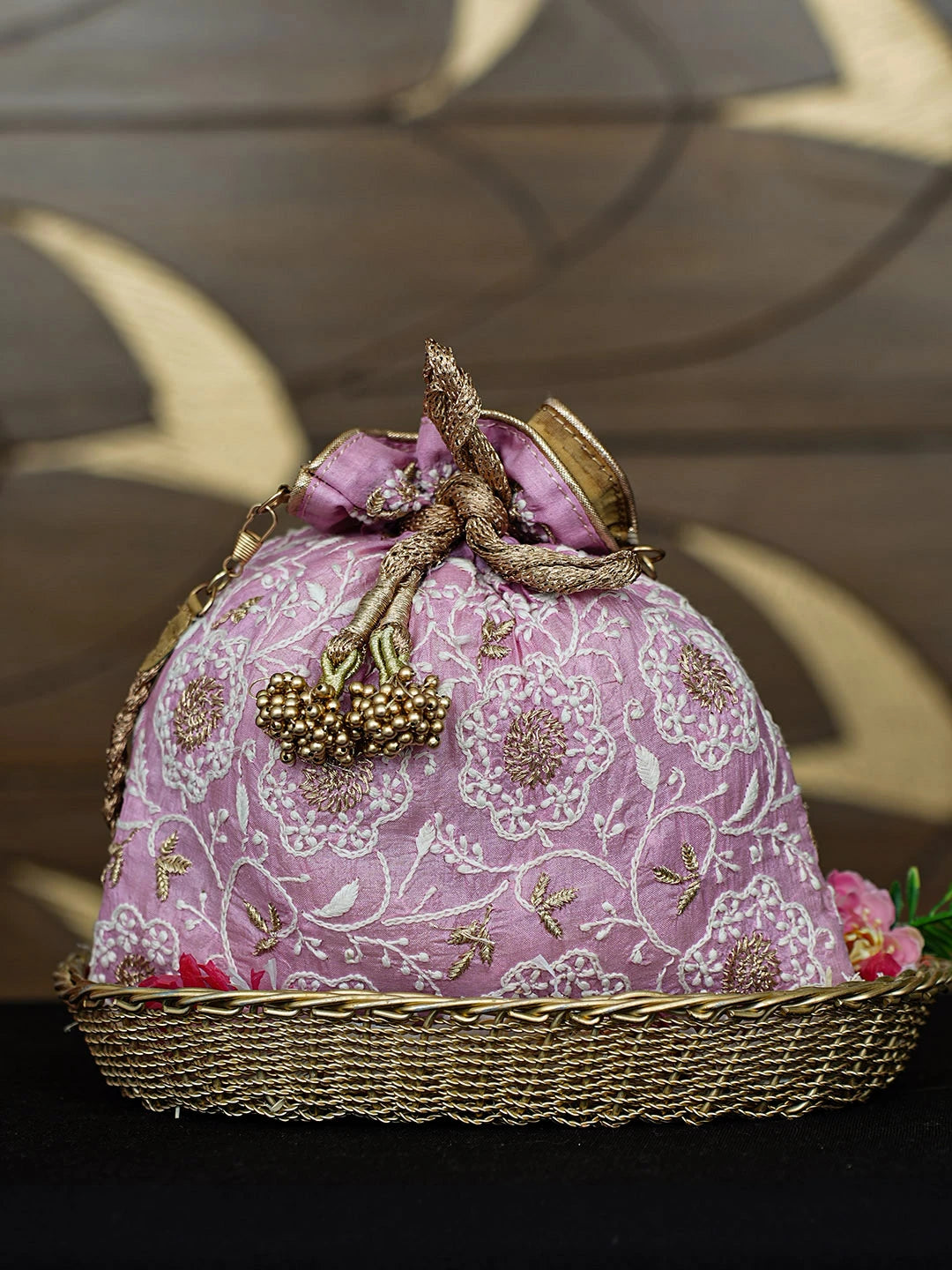 Ada Hand Embroidered Pink Silk Lucknowi Chikankari Potli Bag With Zari Work 01A784301