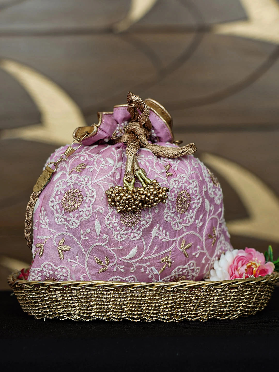 Ada Hand Embroidered Pink Silk Lucknowi Chikankari Potli Bag With Zari Work 01A784301