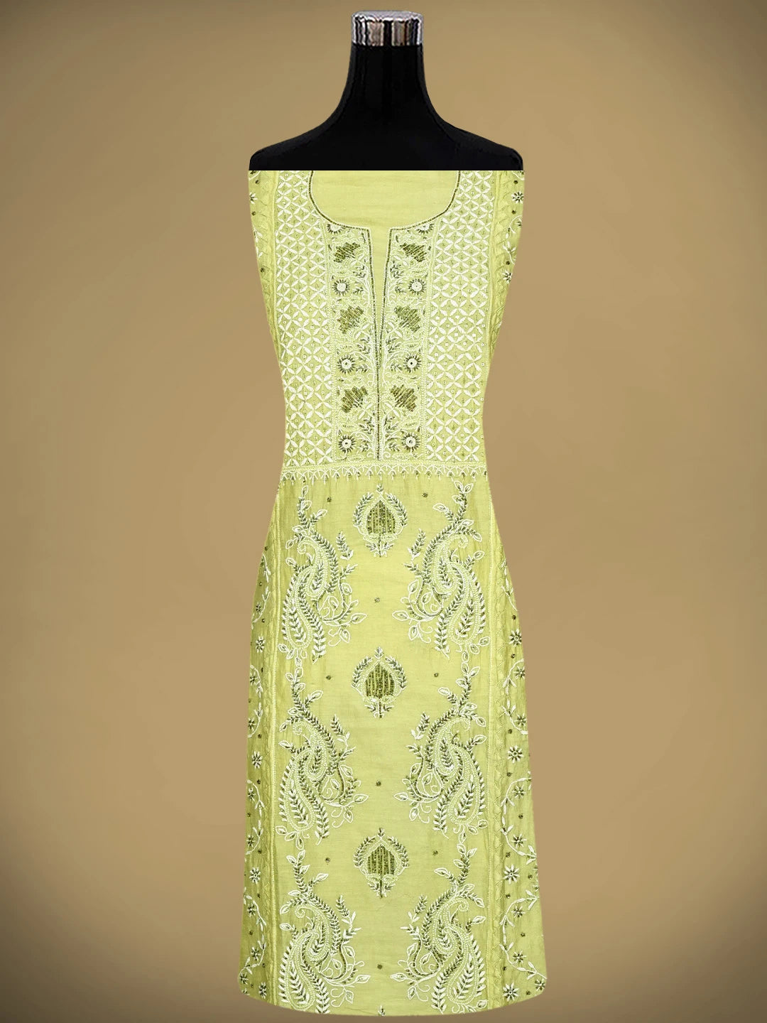 Ada Hand Embroidered Pista Green Chanderi Lucknowi Chikankari Semi Stitched Kurta Dupatta Set With Cutdana Work 01A639540