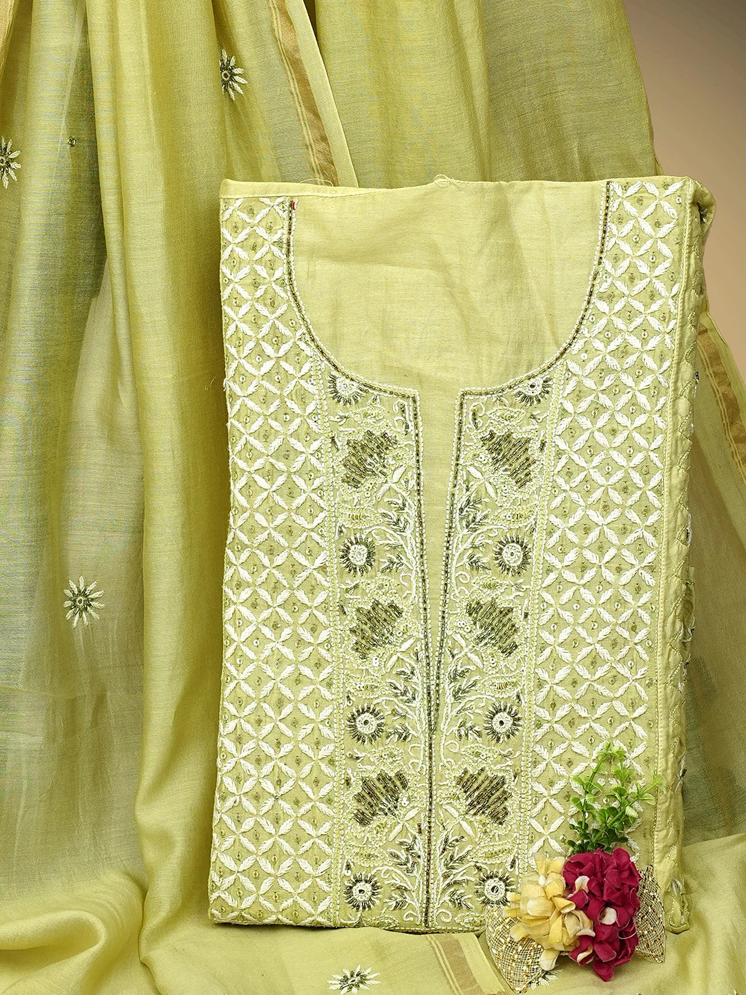 Ada Hand Embroidered Pista Green Chanderi Lucknowi Chikankari Semi Stitched Kurta Dupatta Set With Cutdana Work 01A639540