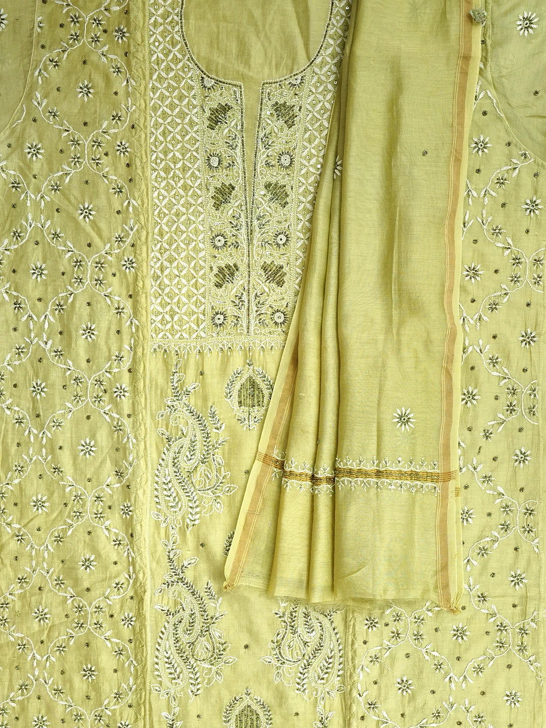 Ada Hand Embroidered Pista Green Chanderi Lucknowi Chikankari Semi Stitched Kurta Dupatta Set With Cutdana Work 01A639540