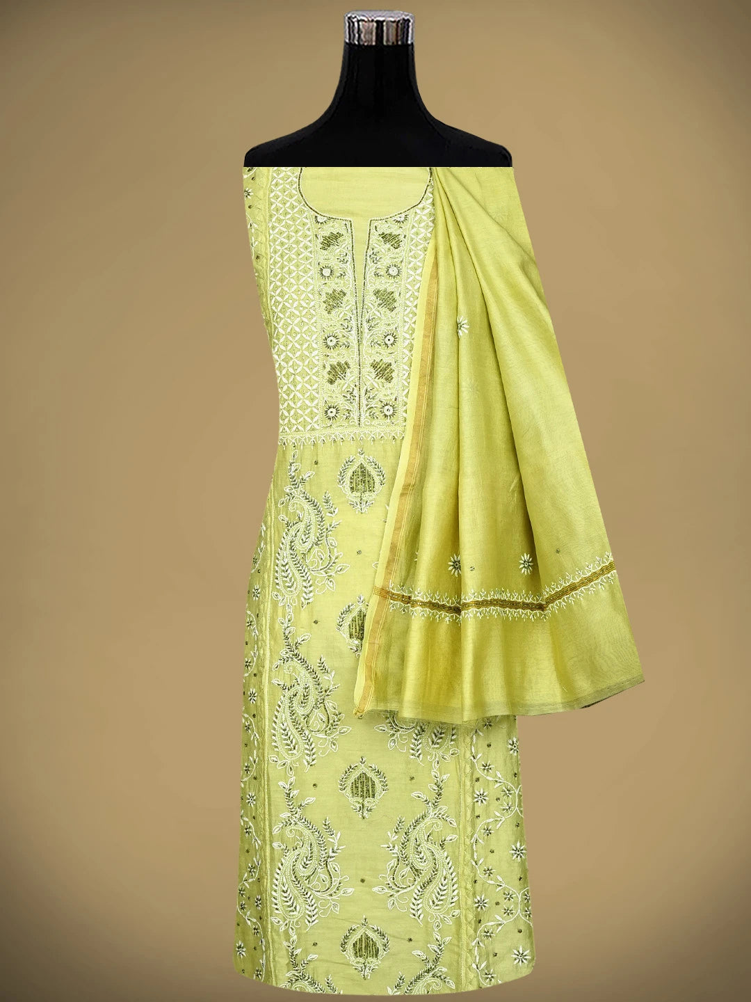 Ada Hand Embroidered Pista Green Chanderi Lucknowi Chikankari Semi Stitched Kurta Dupatta Set With Cutdana Work 01A639540