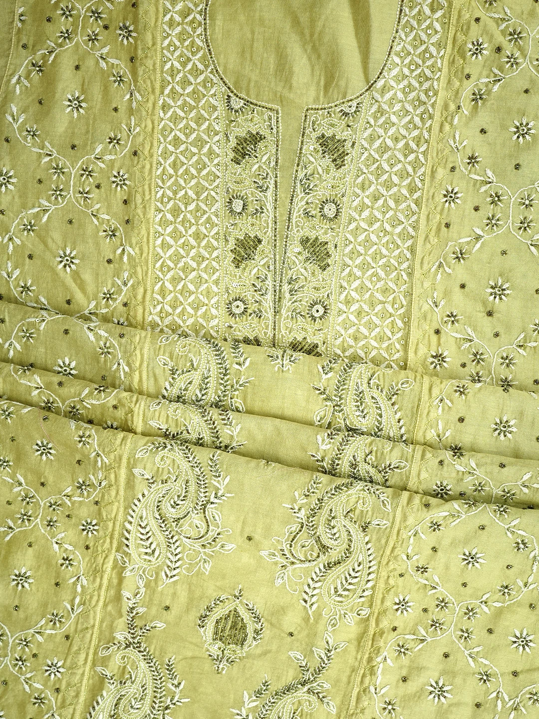 Ada Hand Embroidered Pista Green Chanderi Lucknowi Chikankari Semi Stitched Kurta Dupatta Set With Cutdana Work 01A639540