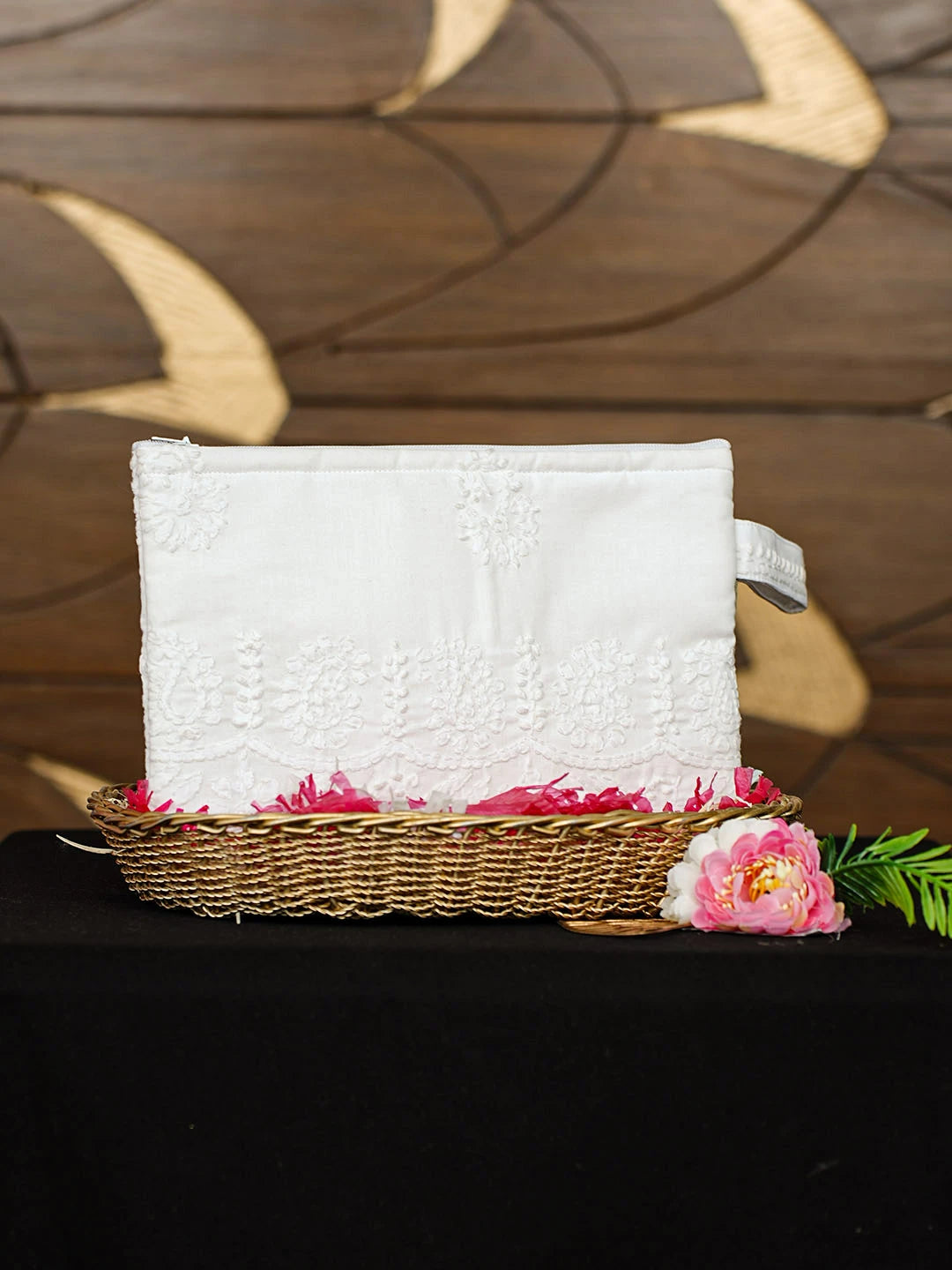 Ada Hand Embroidered White Cotton Lucknowi Chikankari Pouch 01A935797