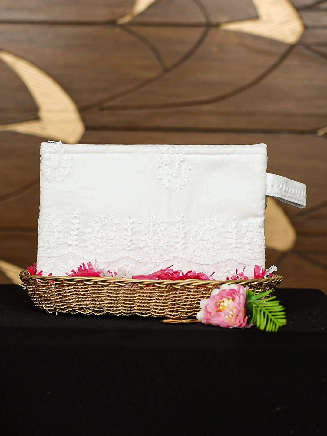 Ada Hand Embroidered White Cotton Lucknowi Chikankari Pouch 01A935797