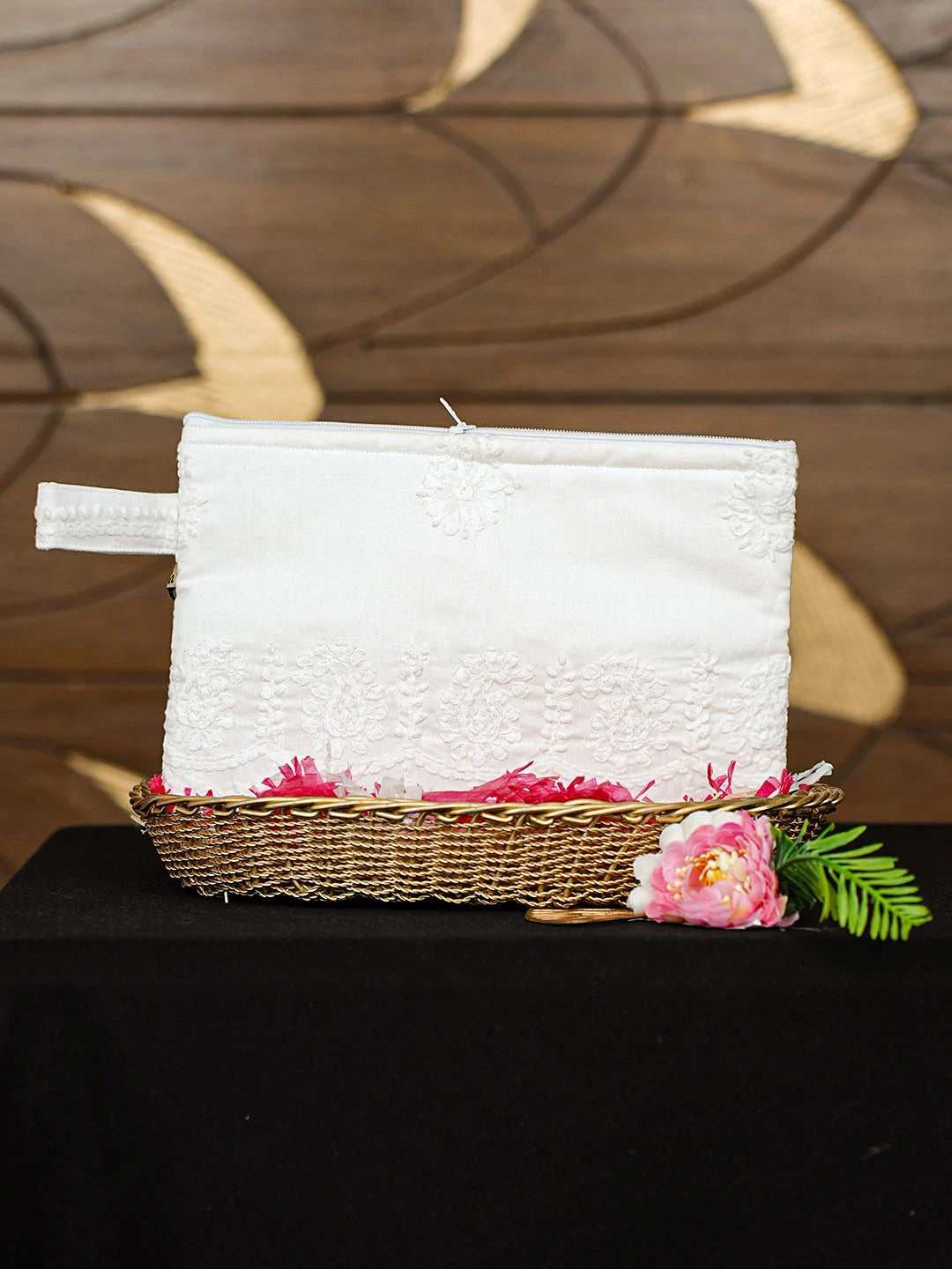 Ada Hand Embroidered White Cotton Lucknowi Chikankari Pouch 01A935797