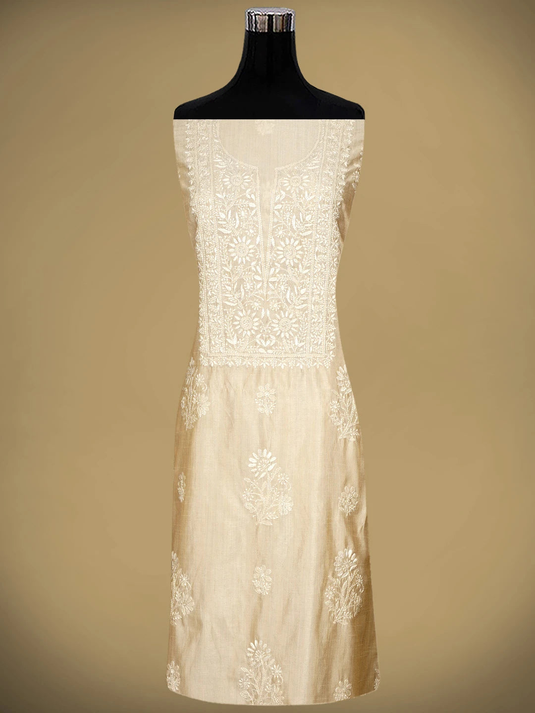 Ada Hand Embroidered Fawn Silk Lucknowi Chikankari Unstitched Kurta Dupatta Set 01A960610