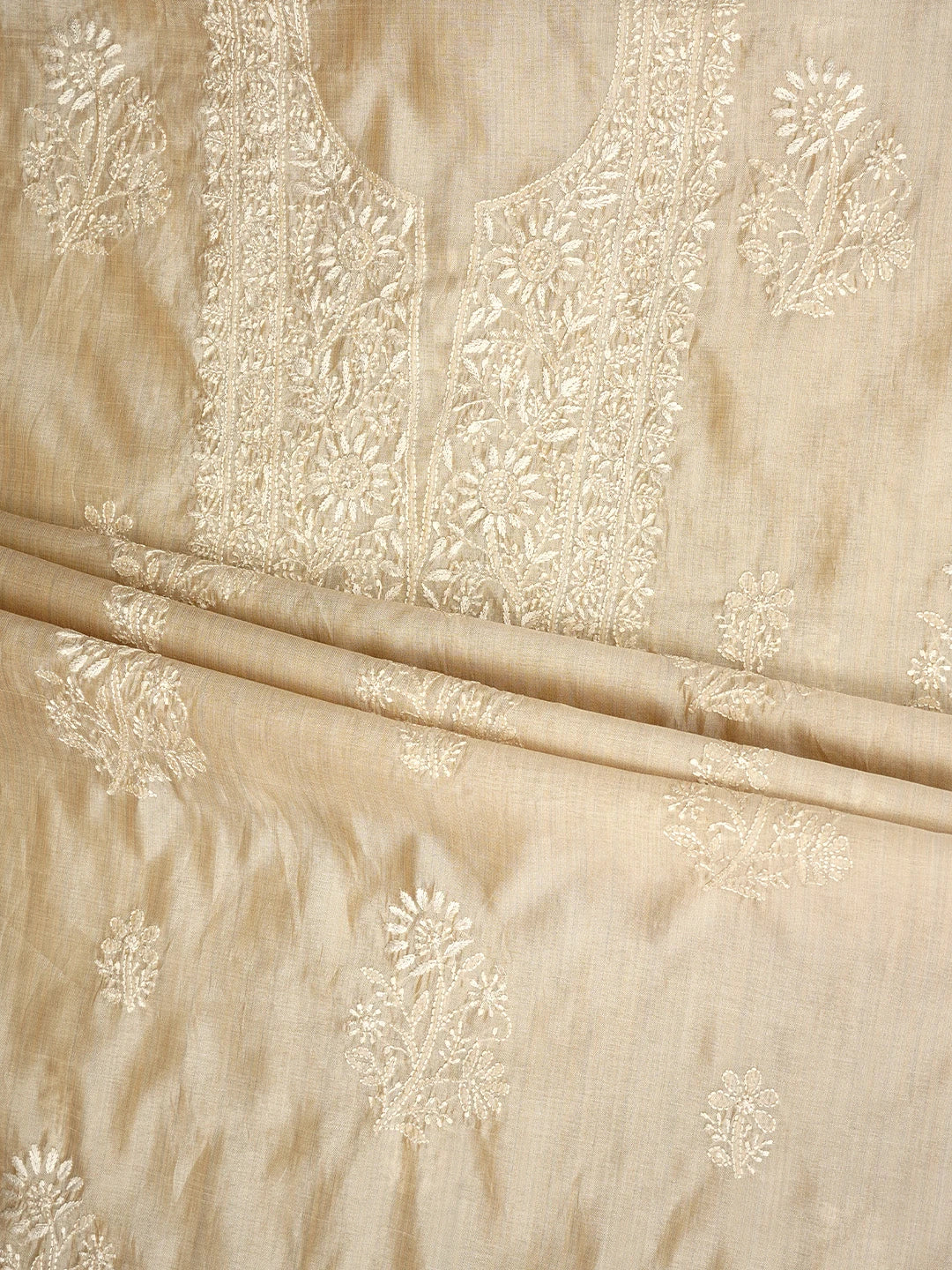 Ada Hand Embroidered Fawn Silk Lucknowi Chikankari Unstitched Kurta Dupatta Set 01A960610