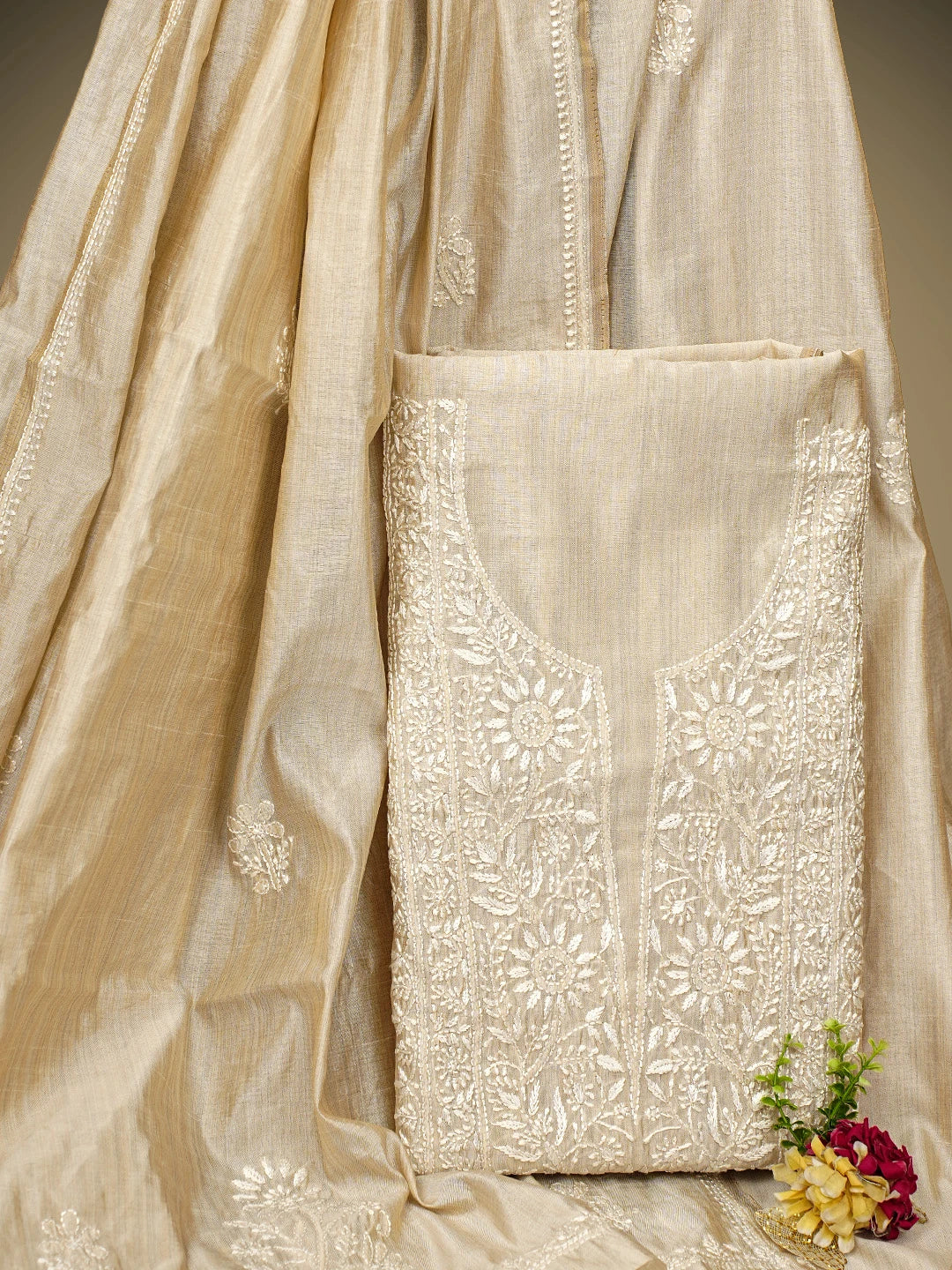 Ada Hand Embroidered Fawn Silk Lucknowi Chikankari Unstitched Kurta Dupatta Set 01A960610