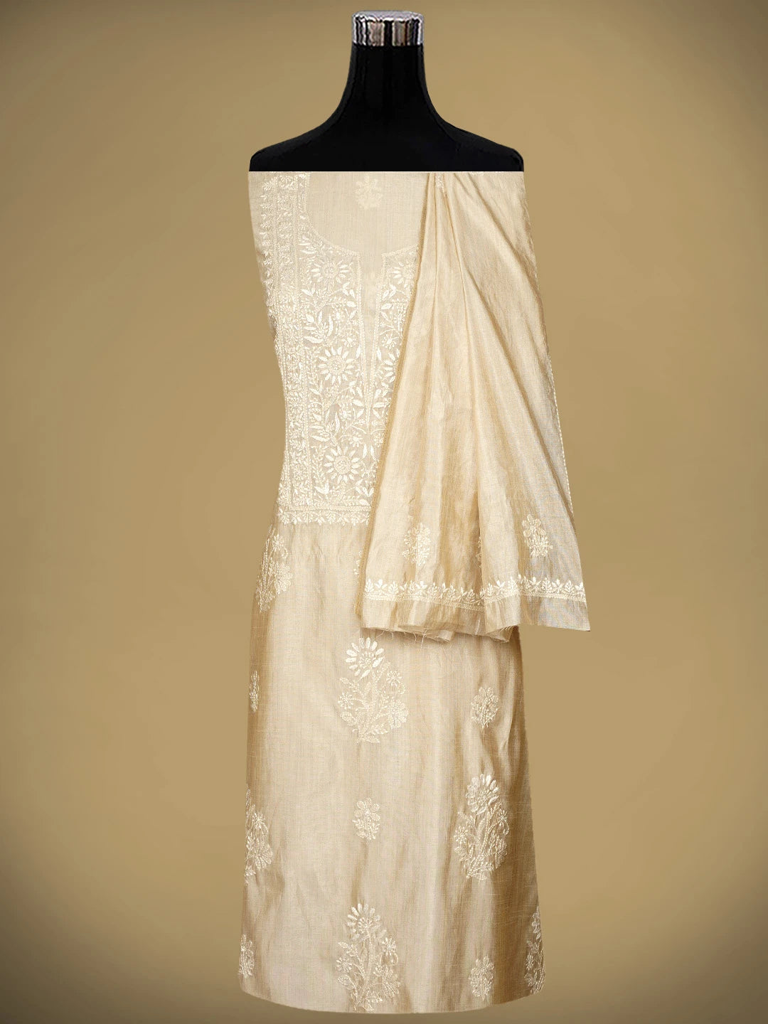 Ada Hand Embroidered Fawn Silk Lucknowi Chikankari Unstitched Kurta Dupatta Set 01A960610