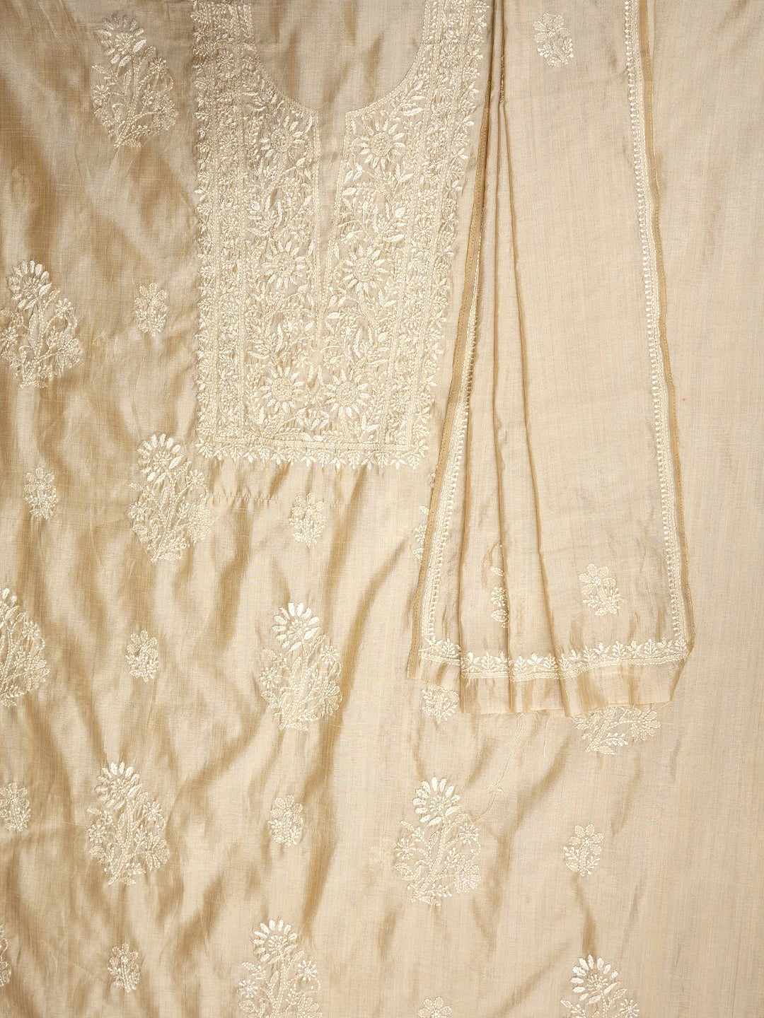 Ada Hand Embroidered Fawn Silk Lucknowi Chikankari Unstitched Kurta Dupatta Set 01A960610