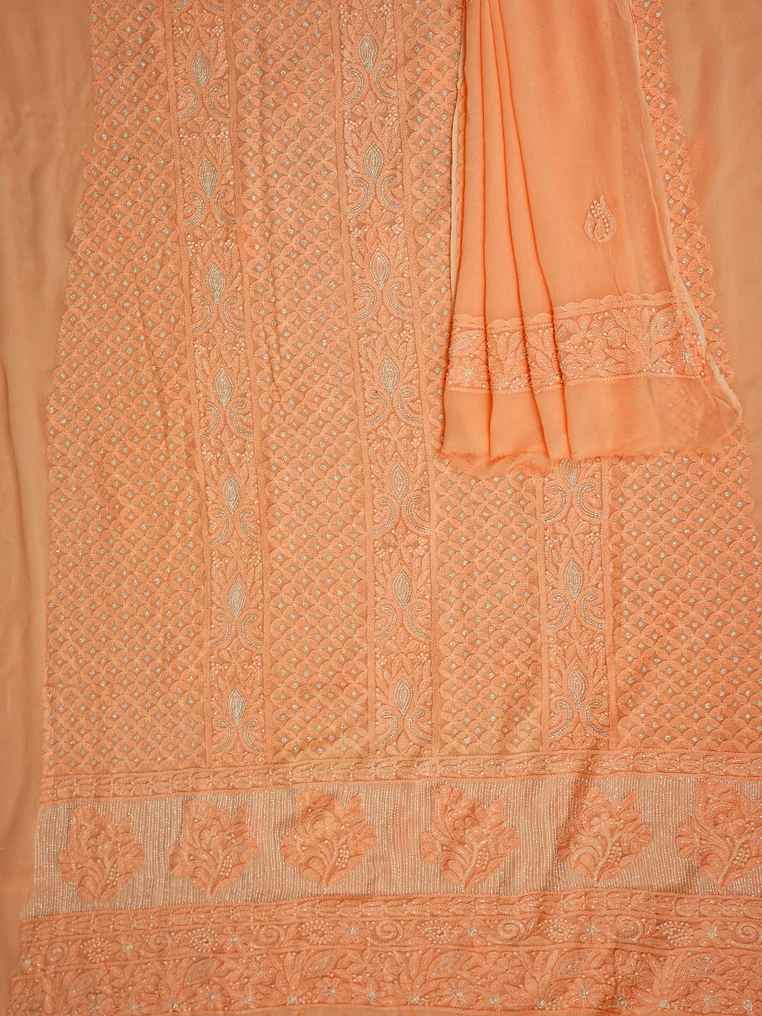 Ada Hand Embroidered Creamy Peach Viscose Georgette Lucknowi Chikankari Unstitched Kurta Dupatta Set With Cutdana Work 01A957785