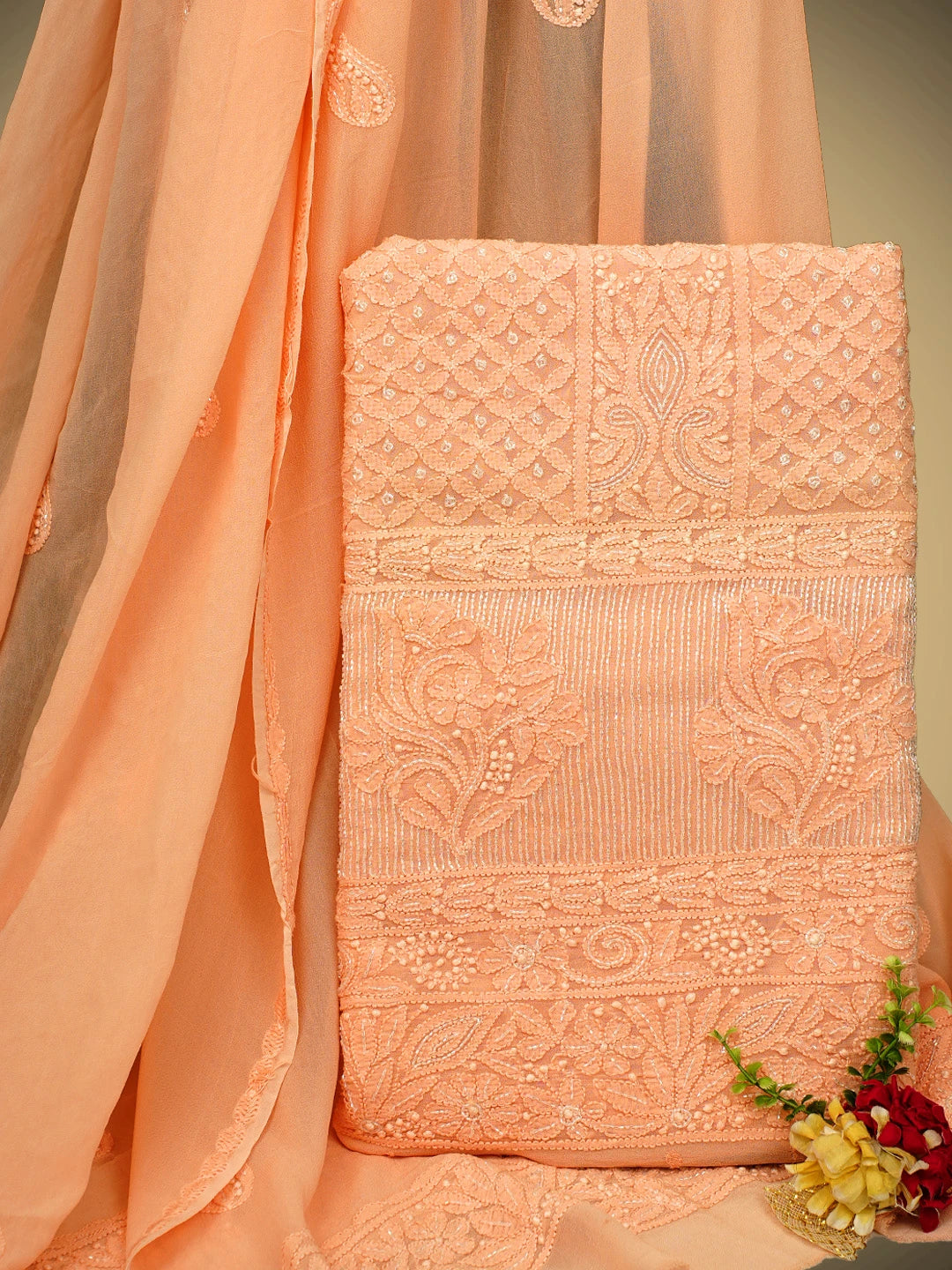 Ada Hand Embroidered Creamy Peach Viscose Georgette Lucknowi Chikankari Unstitched Kurta Dupatta Set With Cutdana Work 01A957785