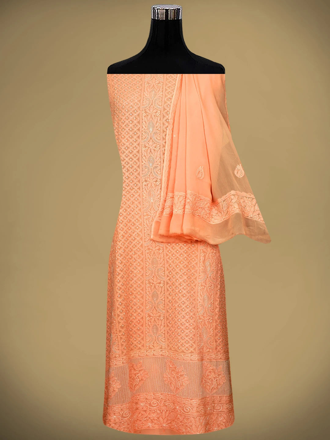 Ada Hand Embroidered Creamy Peach Viscose Georgette Lucknowi Chikankari Unstitched Kurta Dupatta Set With Cutdana Work 01A957785