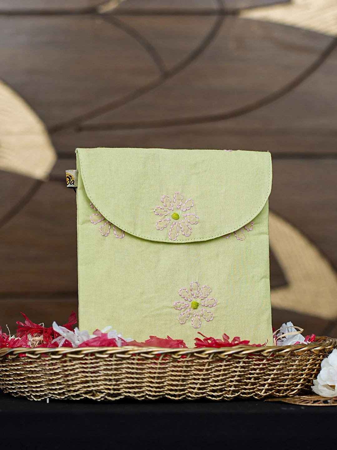 Ada Hand Embroidered Green Cotton Lucknowi Chikankari Pouch 01A938468