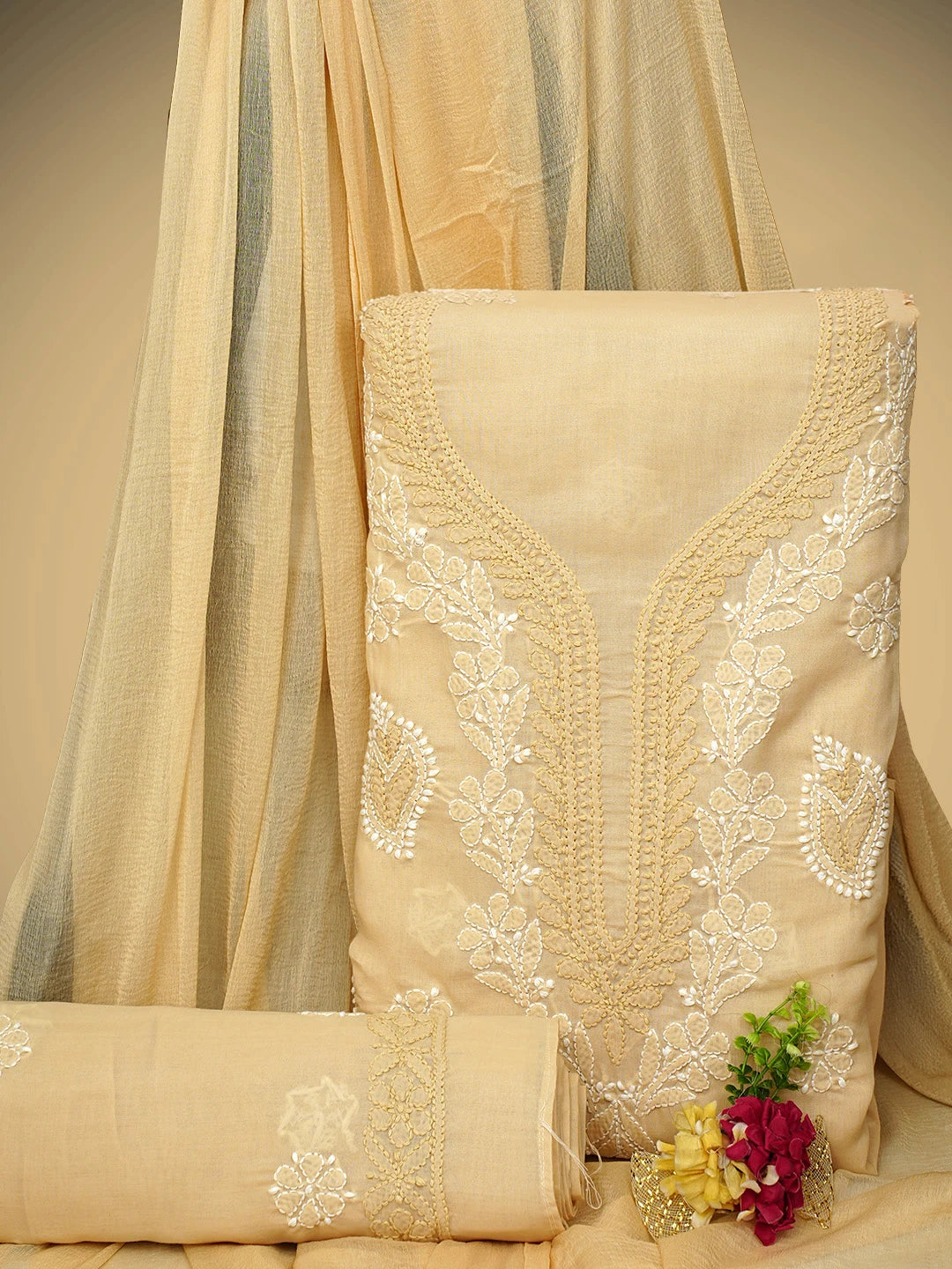 Ada Hand Embroidered Tan Brown Cotton Lucknowi Chikankari Unstitched Suit Piece 01A913520
