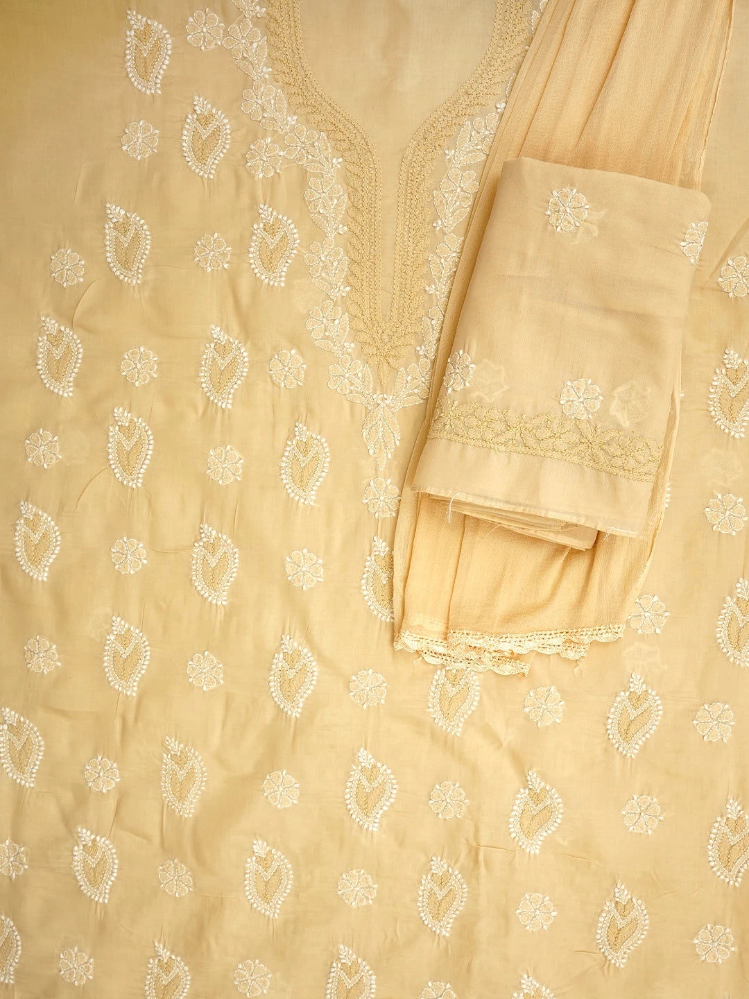 Ada Hand Embroidered Tan Brown Cotton Lucknowi Chikankari Unstitched Suit Piece 01A913520