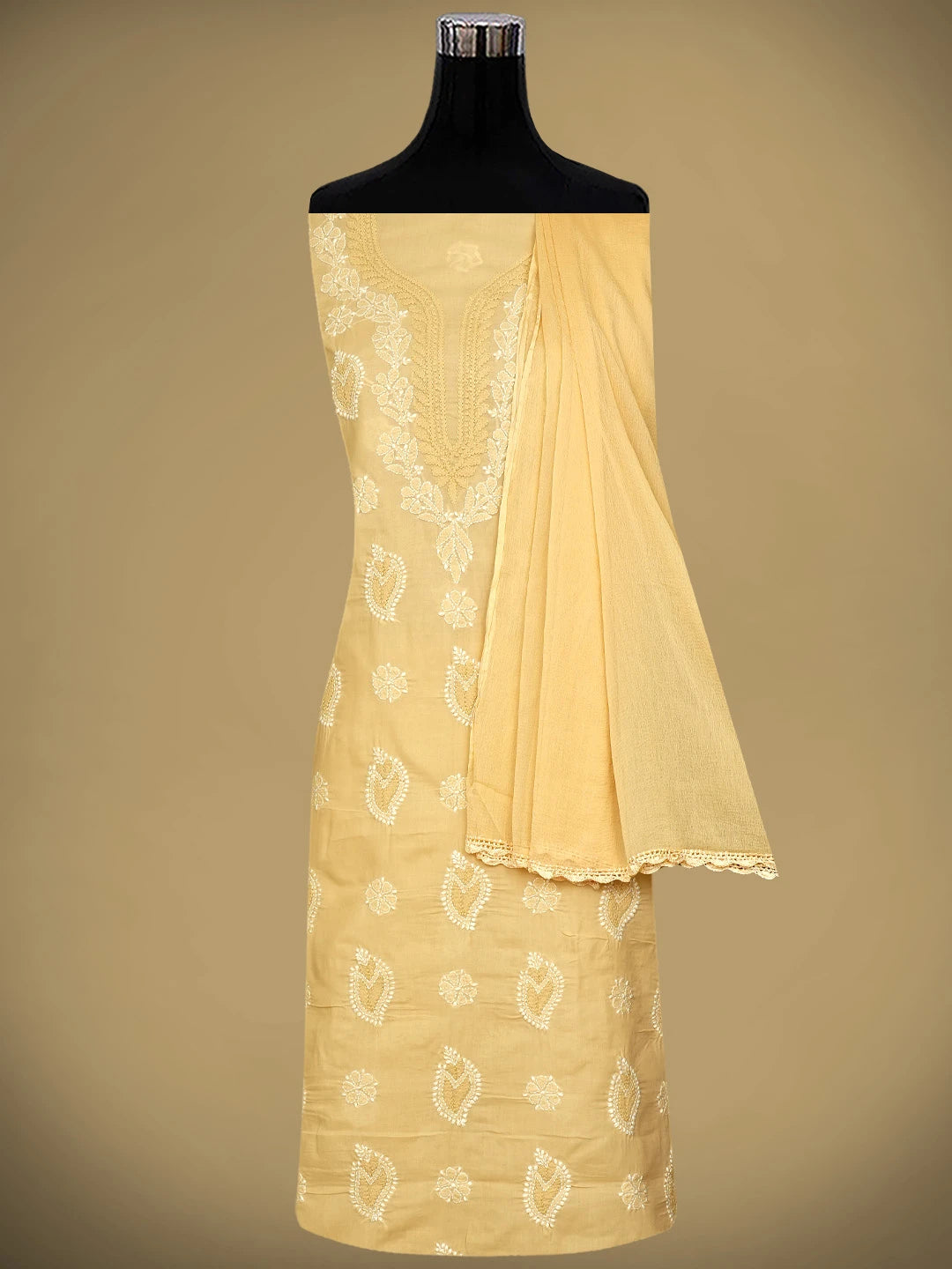 Ada Hand Embroidered Tan Brown Cotton Lucknowi Chikankari Unstitched Suit Piece 01A913520