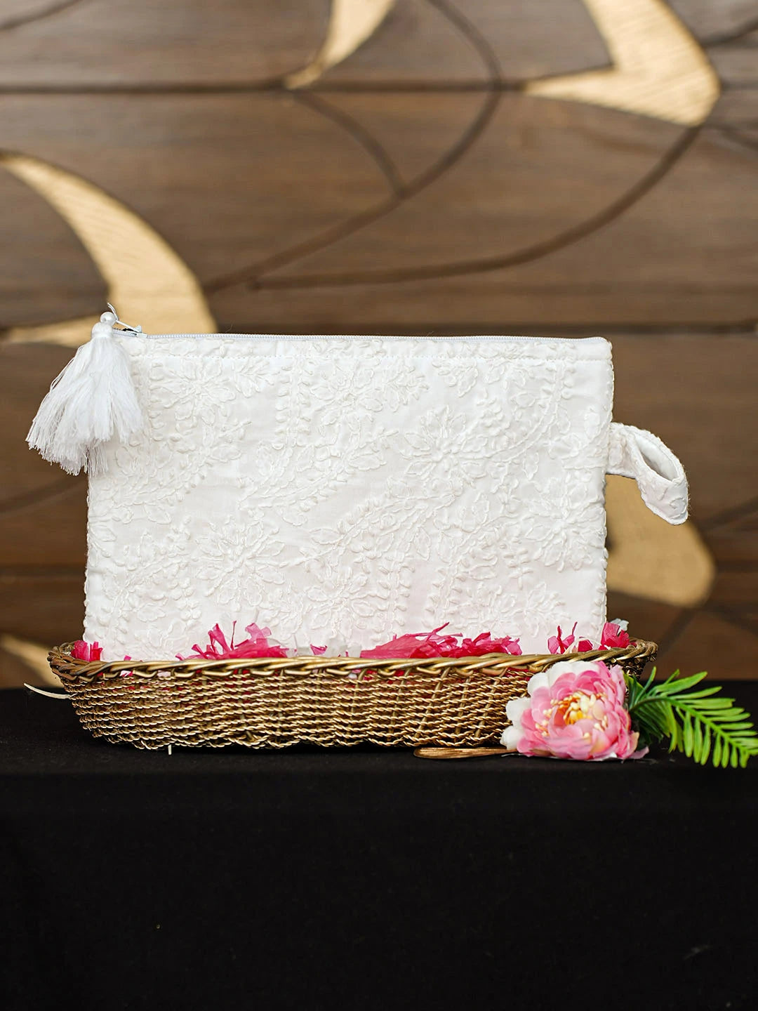 Ada Hand Embroidered White Cotton Lucknowi Chikankari Pouch 01A873174