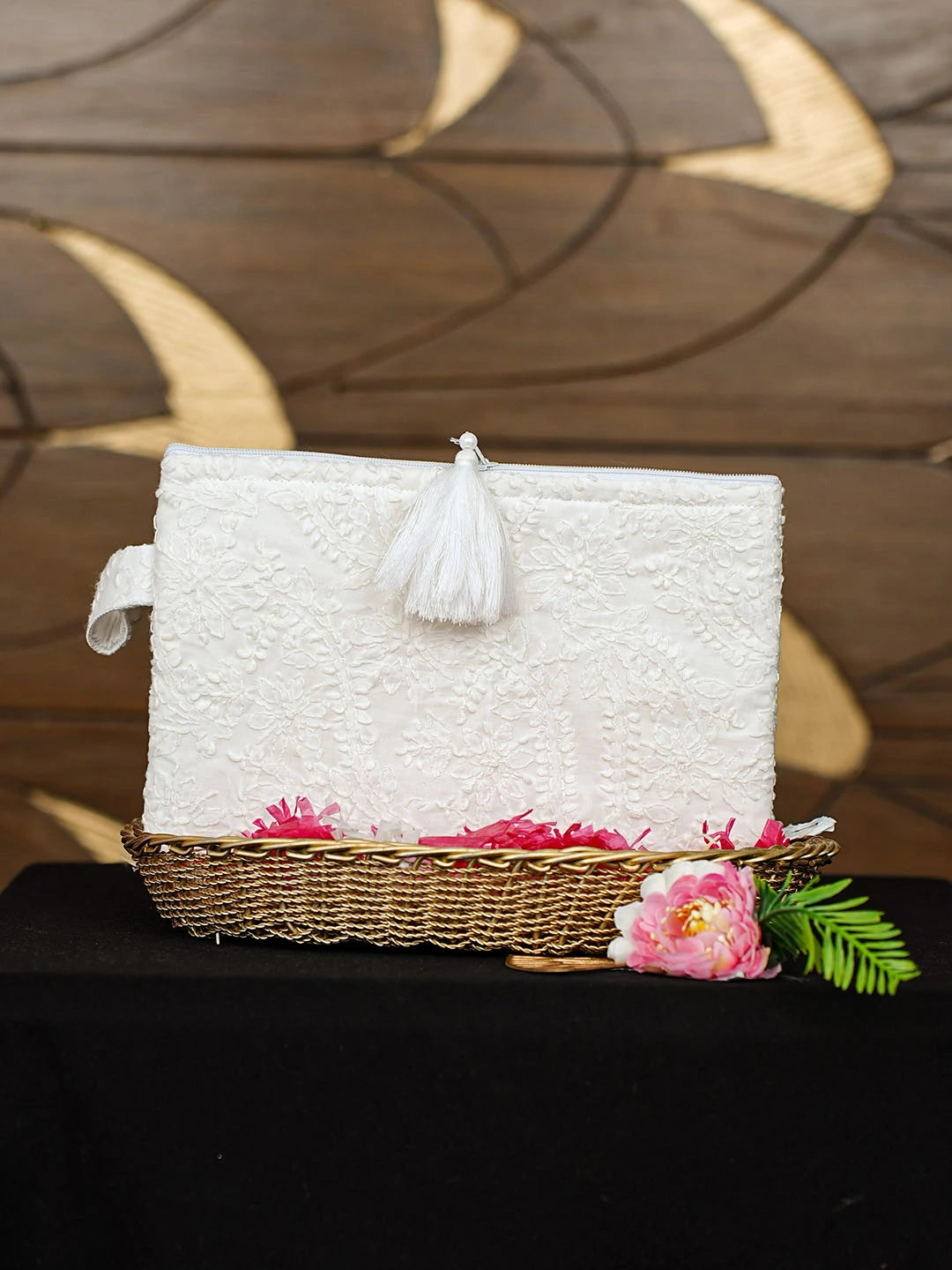 Ada Hand Embroidered White Cotton Lucknowi Chikankari Pouch 01A873174