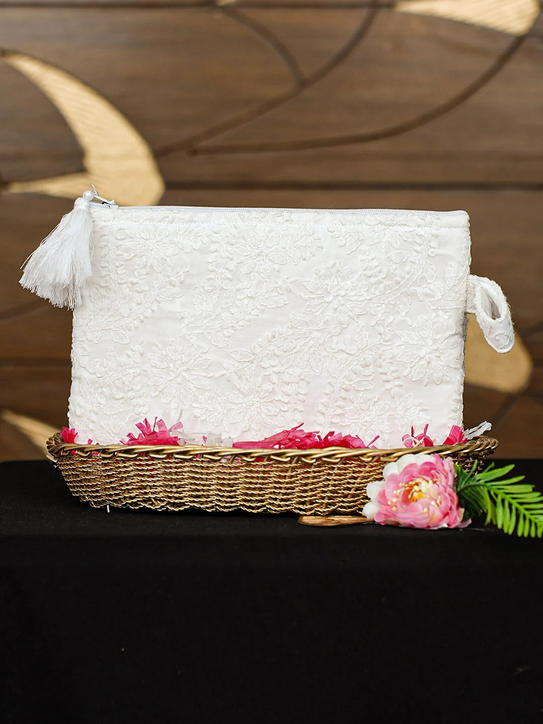 Ada Hand Embroidered White Cotton Lucknowi Chikankari Pouch 01A873174