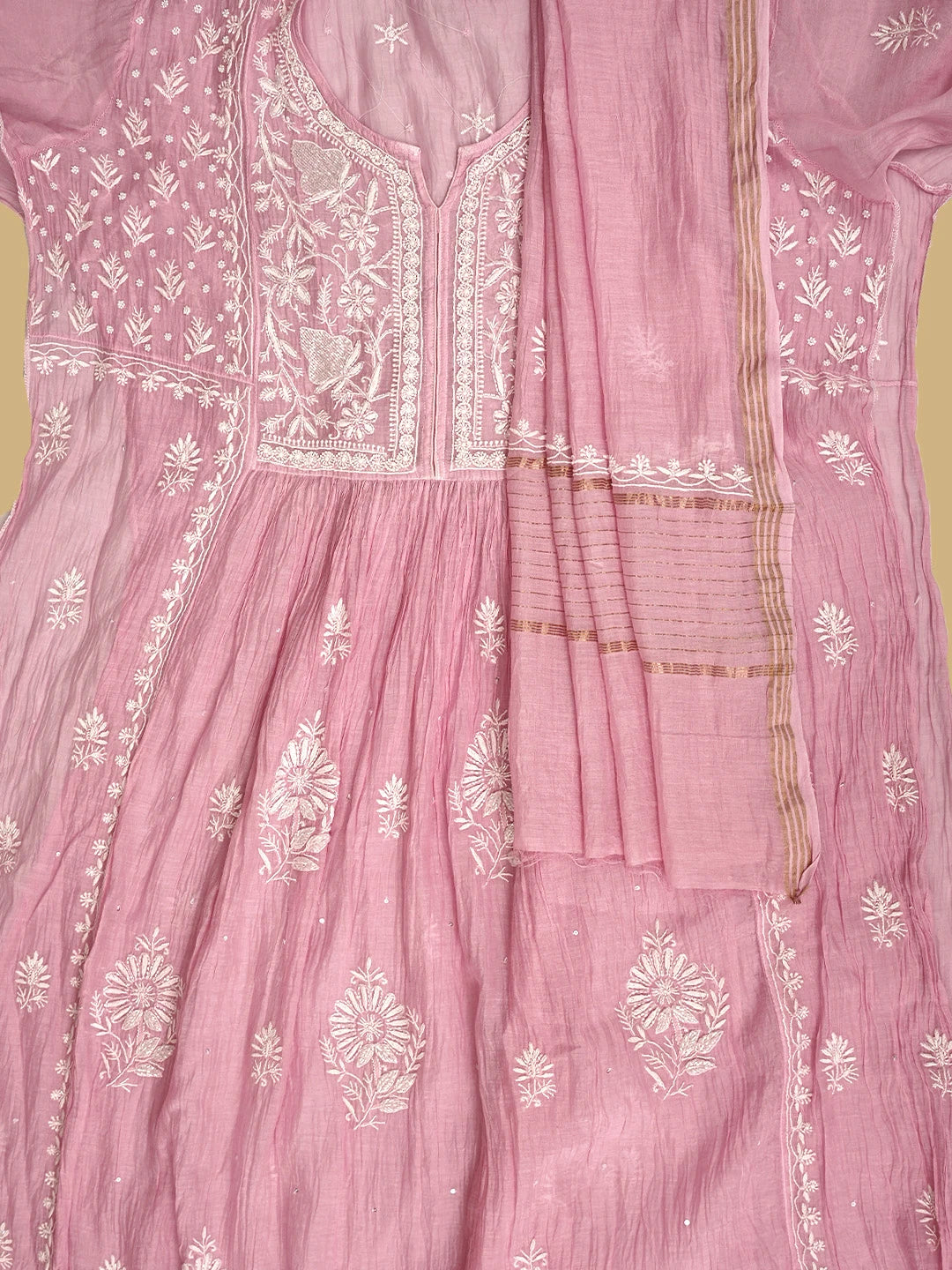 Ada Hand Embroidered Pink Chanderi Semi-Stitched Lucknowi Chikankari A-Line Kurta Dupatta Set With Cutdana Work 01A954224