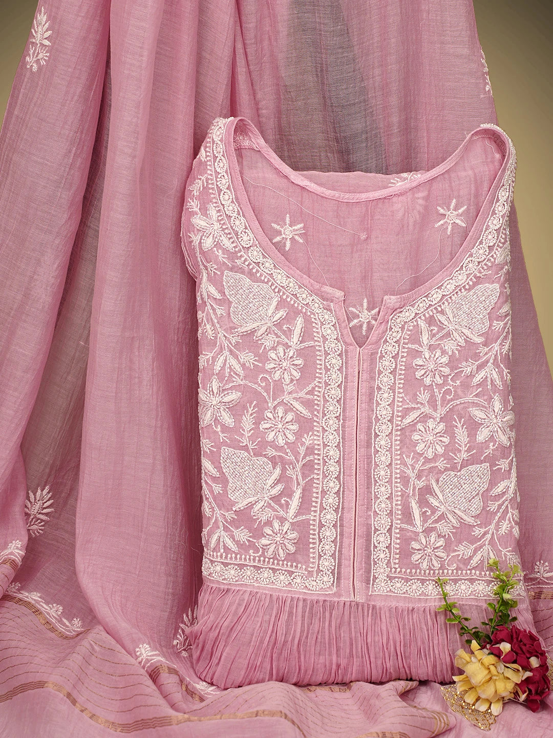 Ada Hand Embroidered Pink Chanderi Semi-Stitched Lucknowi Chikankari A-Line Kurta Dupatta Set With Cutdana Work 01A954224