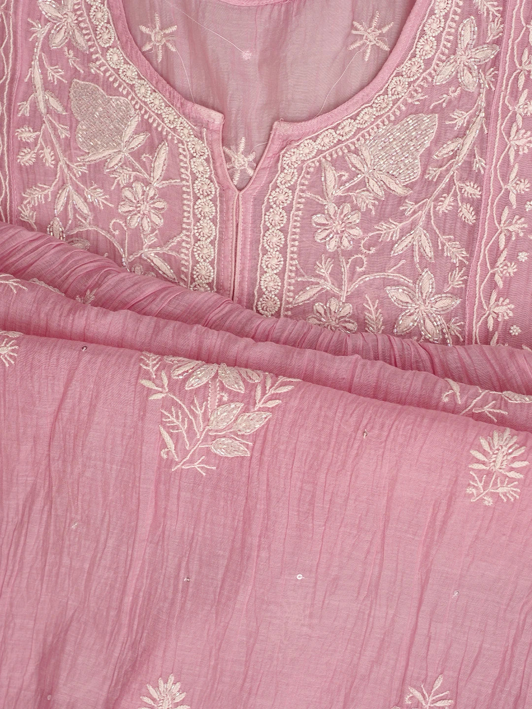 Ada Hand Embroidered Pink Chanderi Semi-Stitched Lucknowi Chikankari A-Line Kurta Dupatta Set With Cutdana Work 01A954224