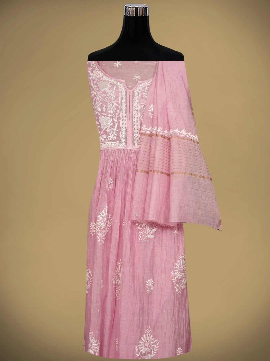 Ada Hand Embroidered Pink Chanderi Semi-Stitched Lucknowi Chikankari A-Line Kurta Dupatta Set With Cutdana Work 01A954224