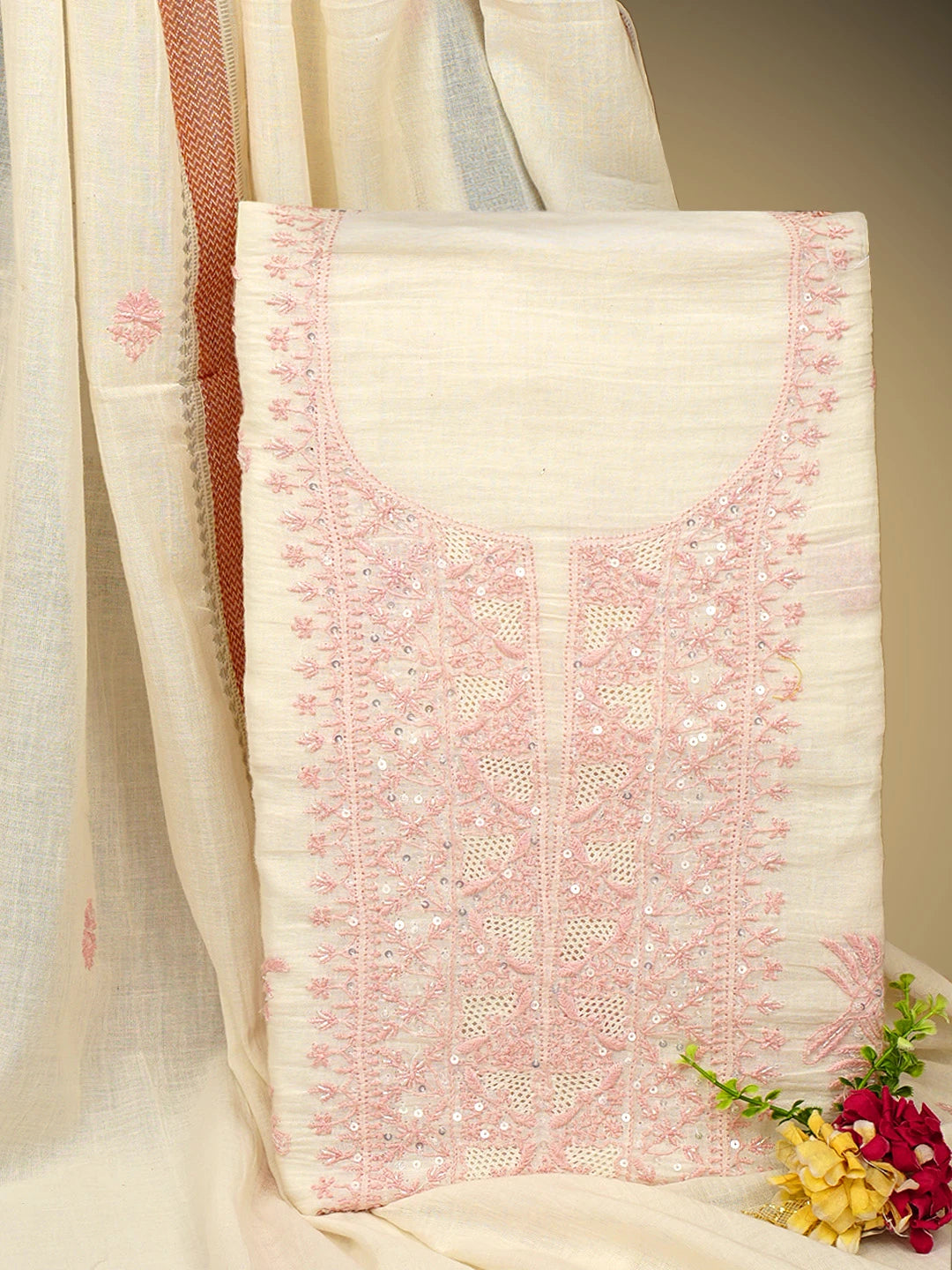 Ada Hand Embroidered Beige Cotton Lucknowi Chikankari Unstitched Kurta Dupatta Set With Cutdana Work 01A610894