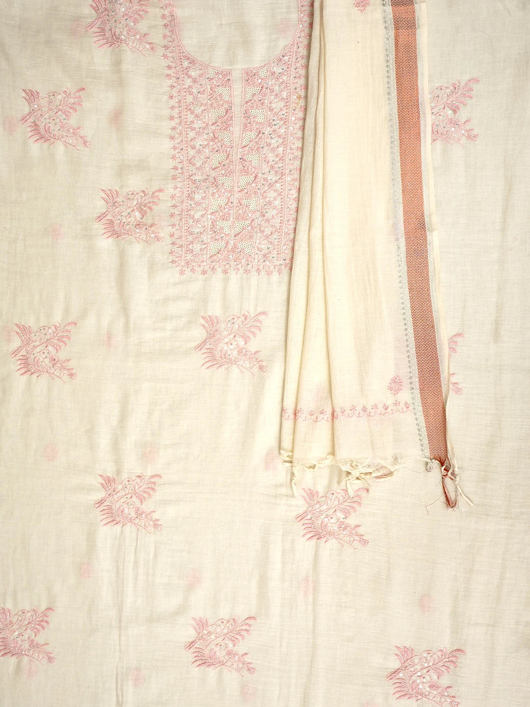 Ada Hand Embroidered Beige Cotton Lucknowi Chikankari Unstitched Kurta Dupatta Set With Cutdana Work 01A610894