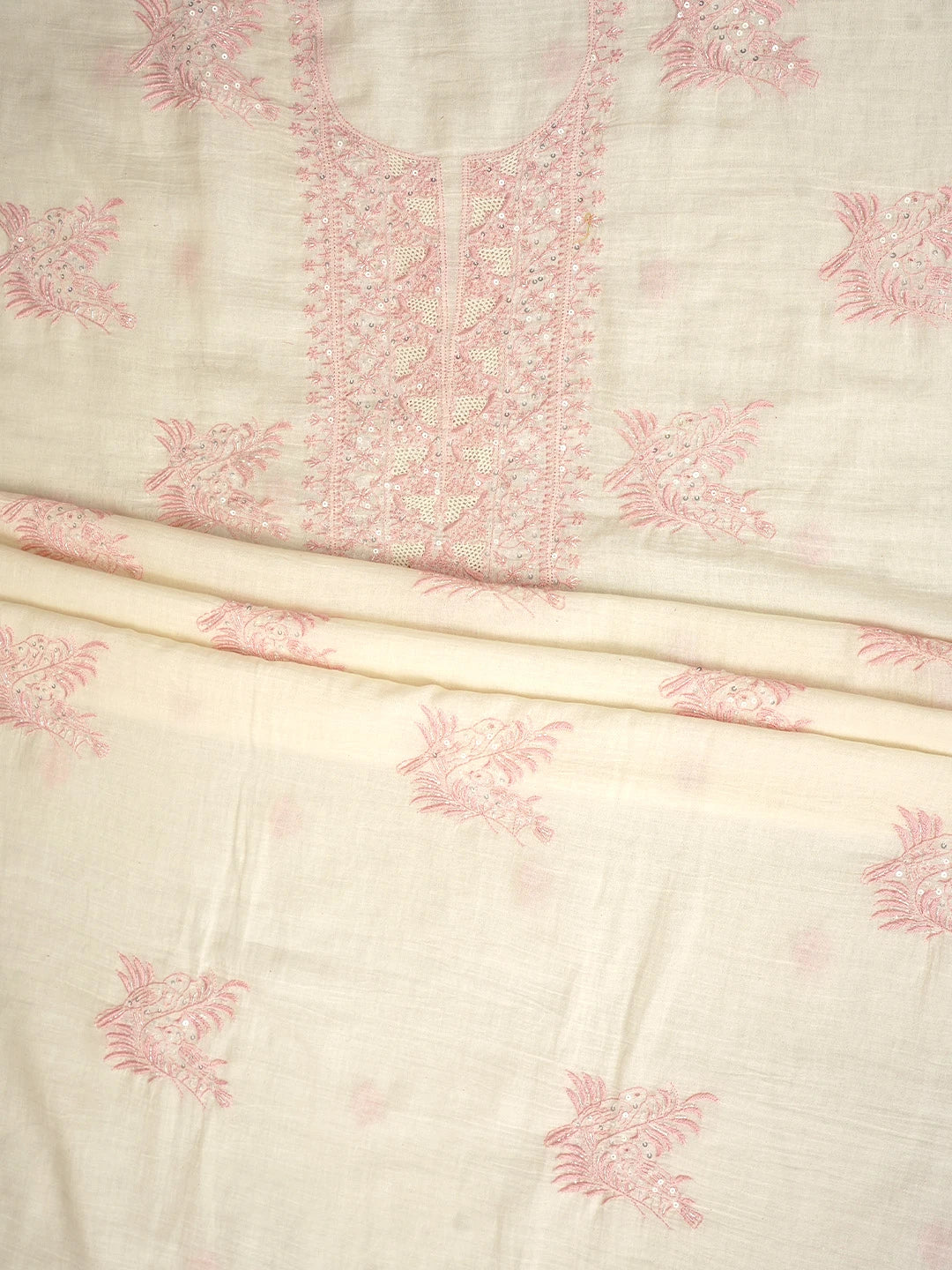 Ada Hand Embroidered Beige Cotton Lucknowi Chikankari Unstitched Kurta Dupatta Set With Cutdana Work 01A610894