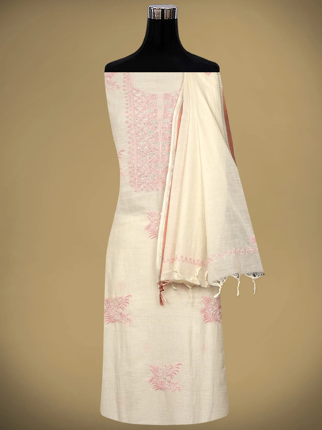 Ada Hand Embroidered Beige Cotton Lucknowi Chikankari Unstitched Kurta Dupatta Set With Cutdana Work 01A610894